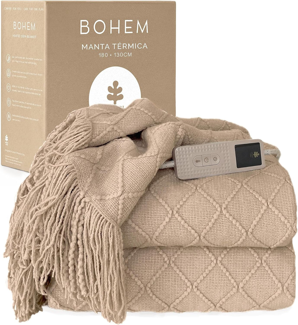 Groenland BOHEM Manta Calefactable Diseño para Sofá 180 × 130 cm Taupe Dawn