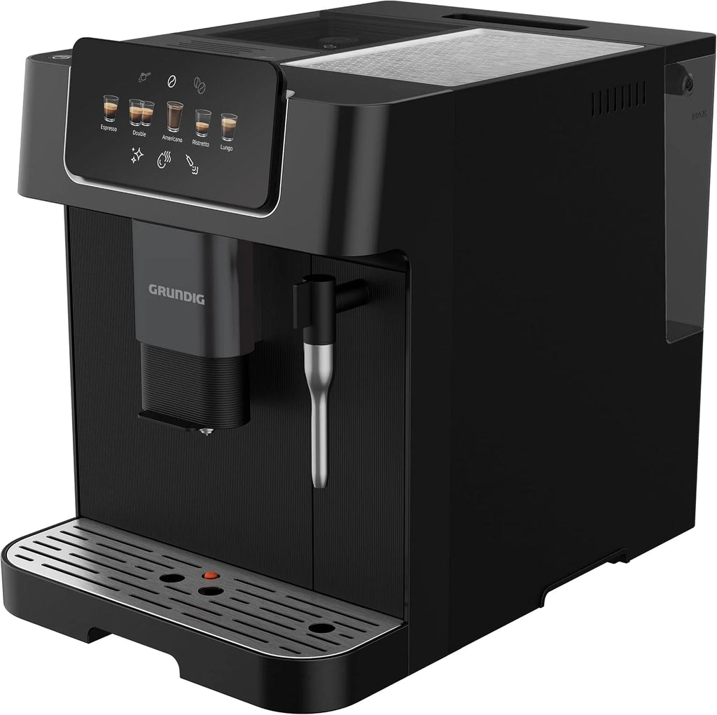 GRUNDIG KVA 6230 - Cafetera automática con boquilla para espumar leche, mecanismo de acero inoxidable con 13 grados de molienda, depósito de granos de 250 g, depósito de agua extraíble de 2 litros,