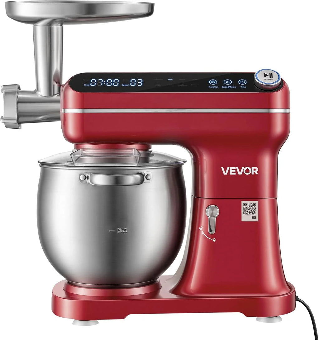 VEVOR Batidora Amasadora 1000 W, Bol de 7 L, con Picadora de Carne, Rojo