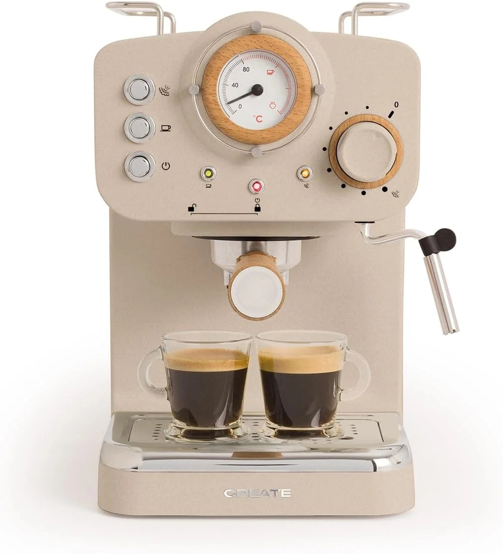 CREATE / THERA RETRO/Cafetera Express Semiautomática arena mate y madera / 20 bares, brazo doble salida, depósito 1,25L, café molido y monodosis ESE 55mm, con vaporizador, 1100W
