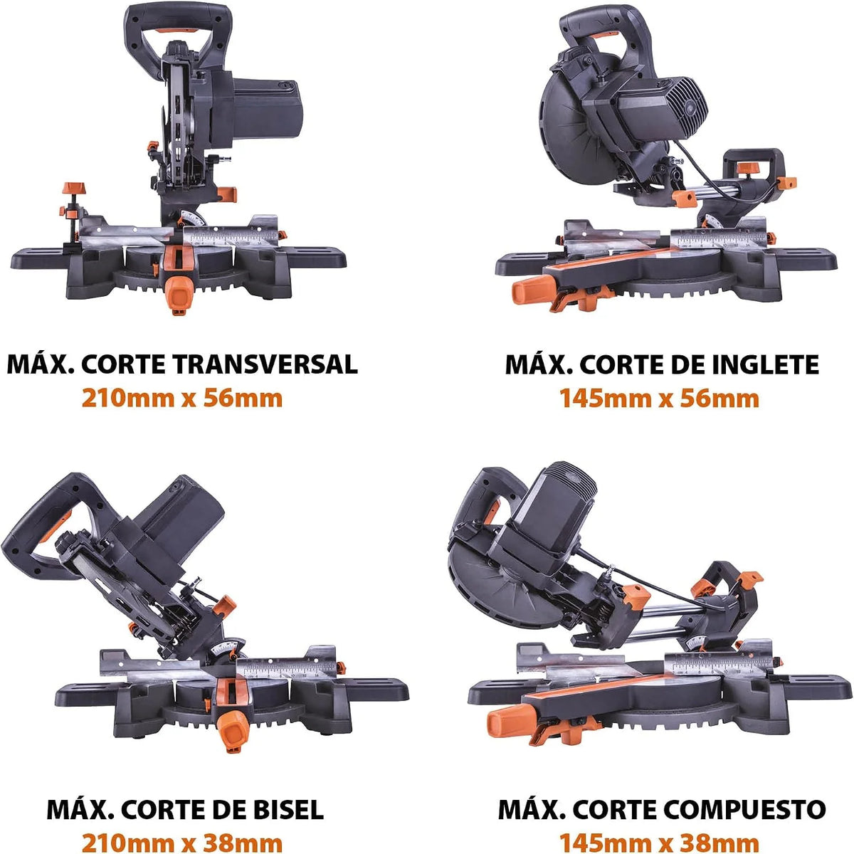 Evolution Sierra ingletadora deslizante de 185 mm (R185SMS+) de Evolution con corte multimaterial; bisel de 45°, inglete de 50°; guía láser. Incluye hoja multiusos