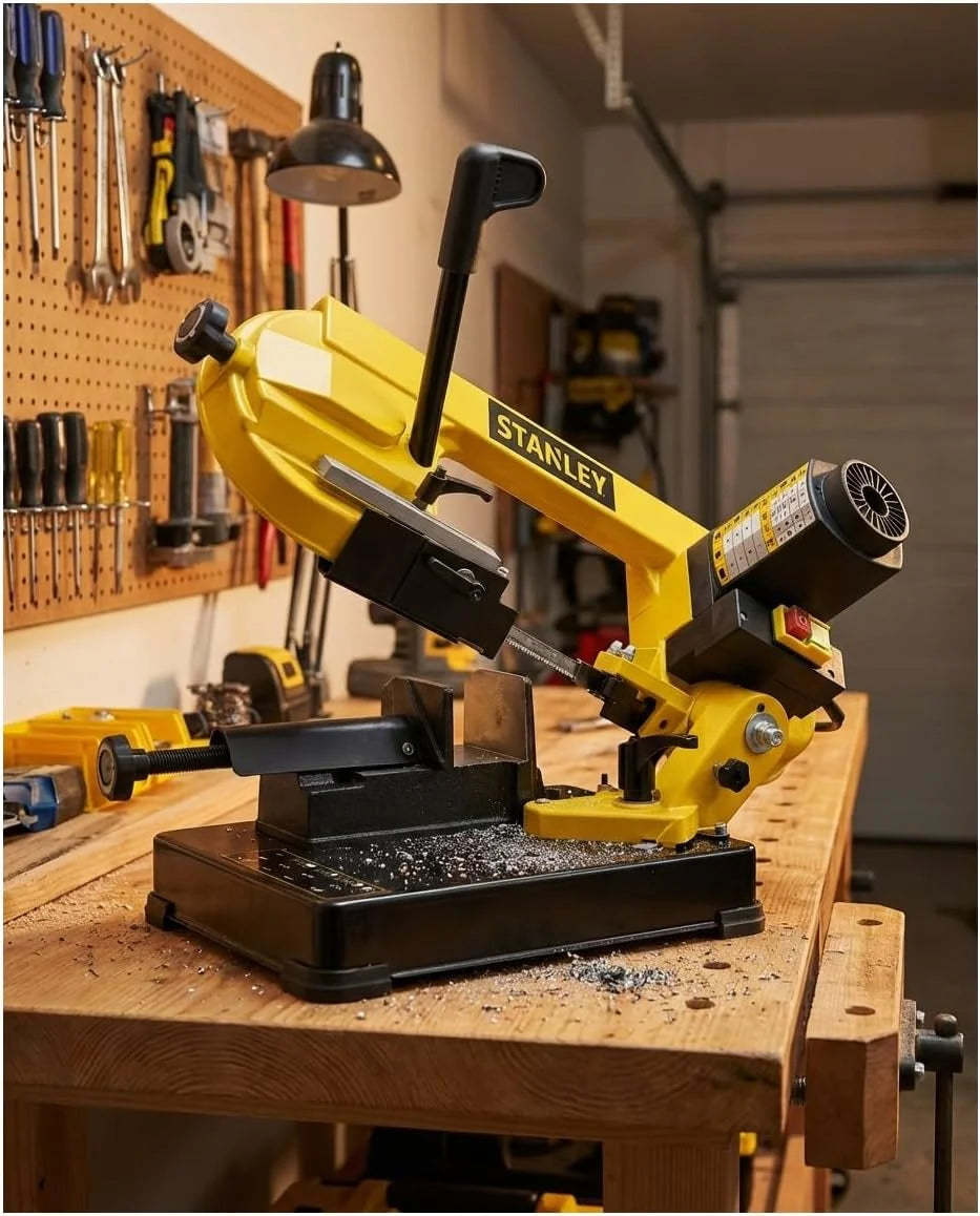 Stanley Sierra de cinta para metal sierra de banda metal 750W, capacidad de corte 105 mm, con ángulo de corte ajustable 0-45°, para acero tubos perfiles, máquina de sierra portátil para taller