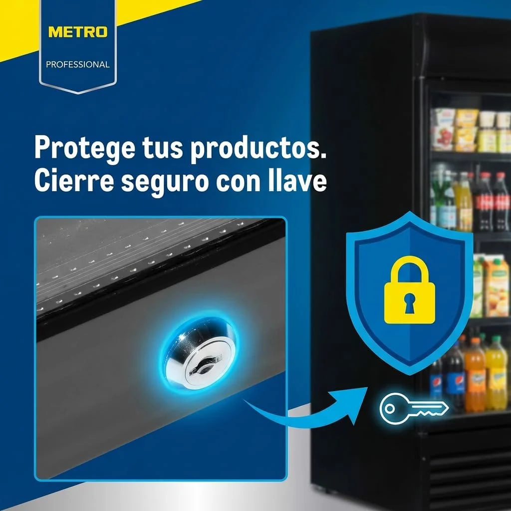 METRO Professional Frigorífico para Bebidas GSC4240B, Nevera Vertical con Puerta de Cristal, 54 x 54.5 x 139.5 cm, Iluminación Led, 6 Estantes Ajustables, con Cerradura, 4-18 °C (237 L, Negro)