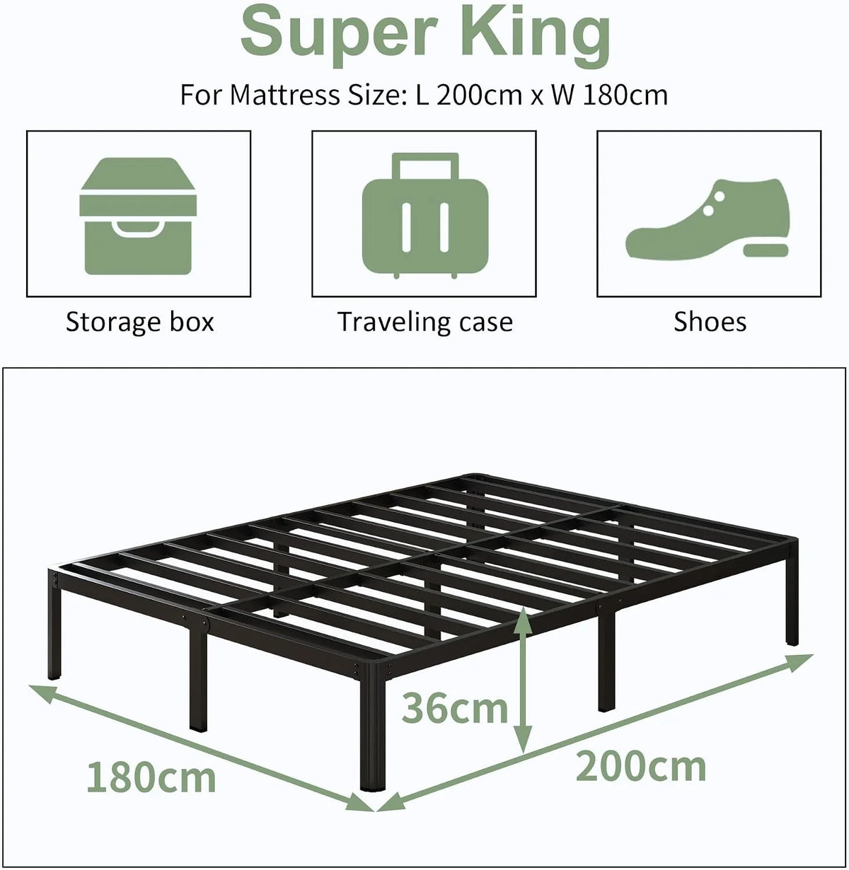 Lutown-Teen Metal Bed 180 x 200 cm with Round Legs, 36 cm Height, Bed Frame with Metal Slats, Black