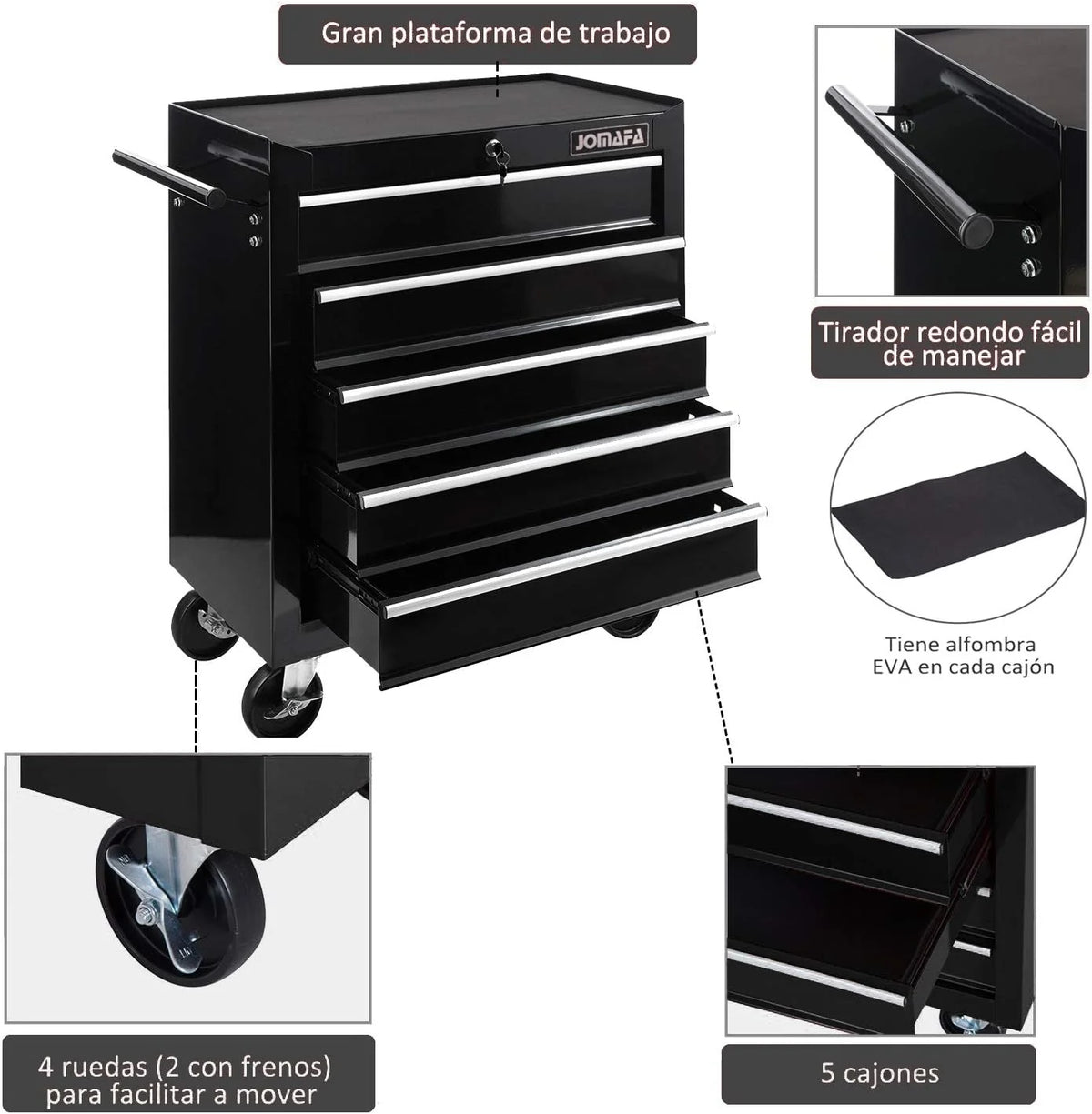 JOMAFA Carro de Taller Caja de Herramientas | 5 cajones | Cerradura por Llave | 4 Ruedas | 2 Ruedas con Freno de Bloqueo | Alfombrillas Antideslizantes