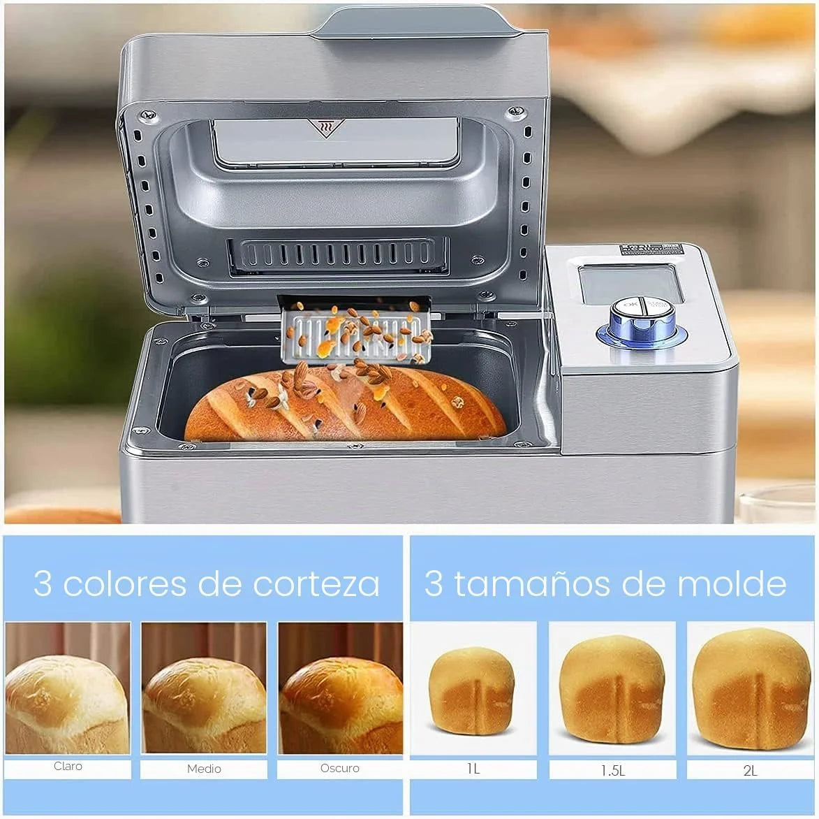 COOCHEER - Panificadora de 550 W, con 25 programas, acero inoxidable, totalmente automática con función de temporización de 13 horas, color plateado