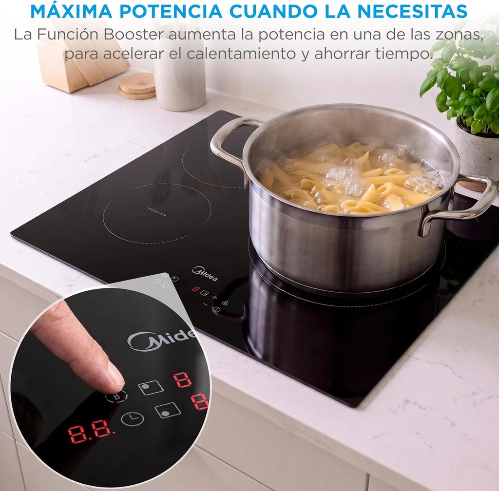 MIDEA Placa Inducción 3 fuegos 60 cm 7200 W - Vitroceramica Induccion Integrada con Panel de control tactil, Inverter quattro, 9 Niveles de Potencia, Booster, Indicador de Luz, y Temporizador.