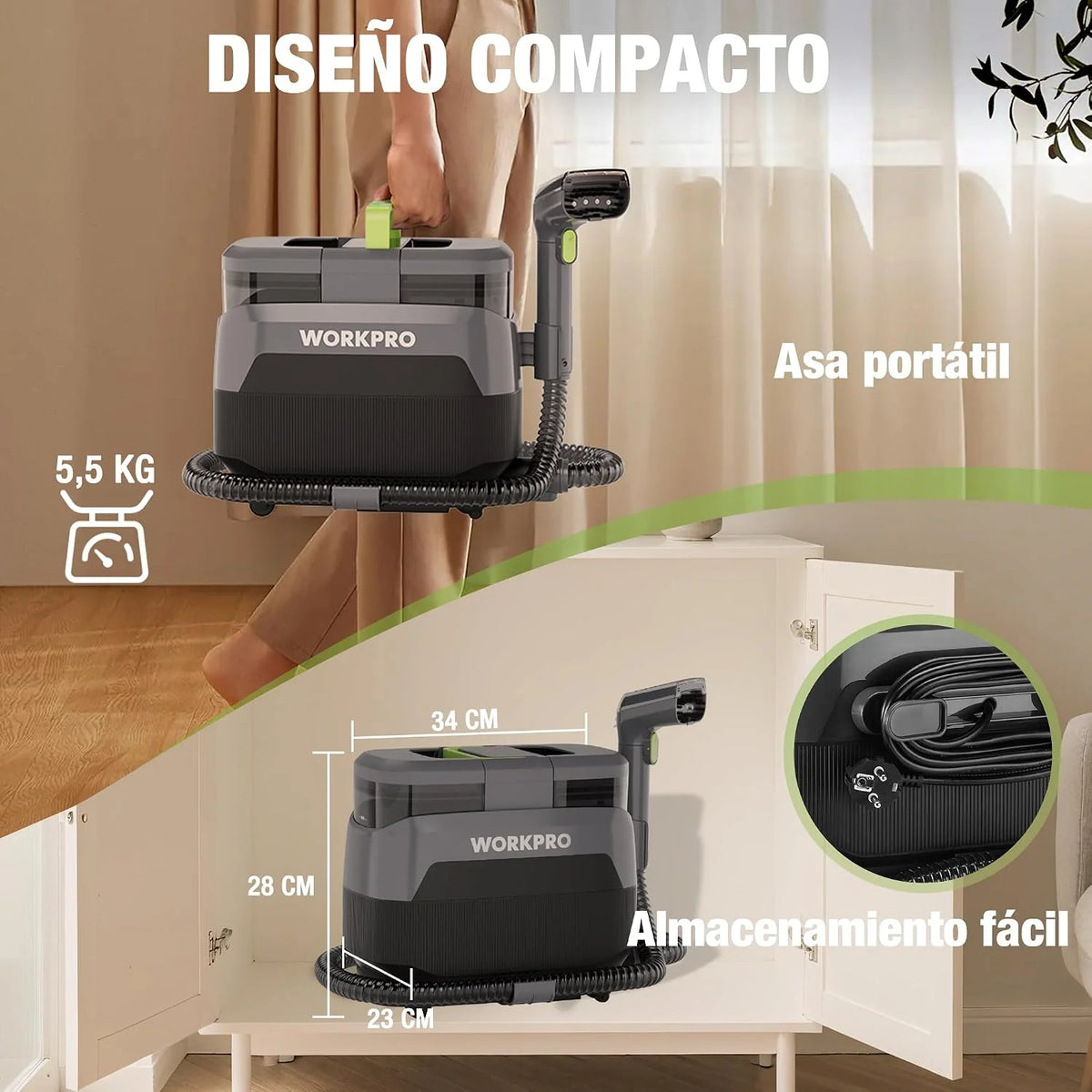 WORKPRO Limpiador de Tapicerías y Alfombras a Vapor con Aspirador 4 en 1, Potente Succión 16 kPa, Accesorios para Suciedad de Mascotas, Sofás, Colchones, Cortinas, Asientos de Coche