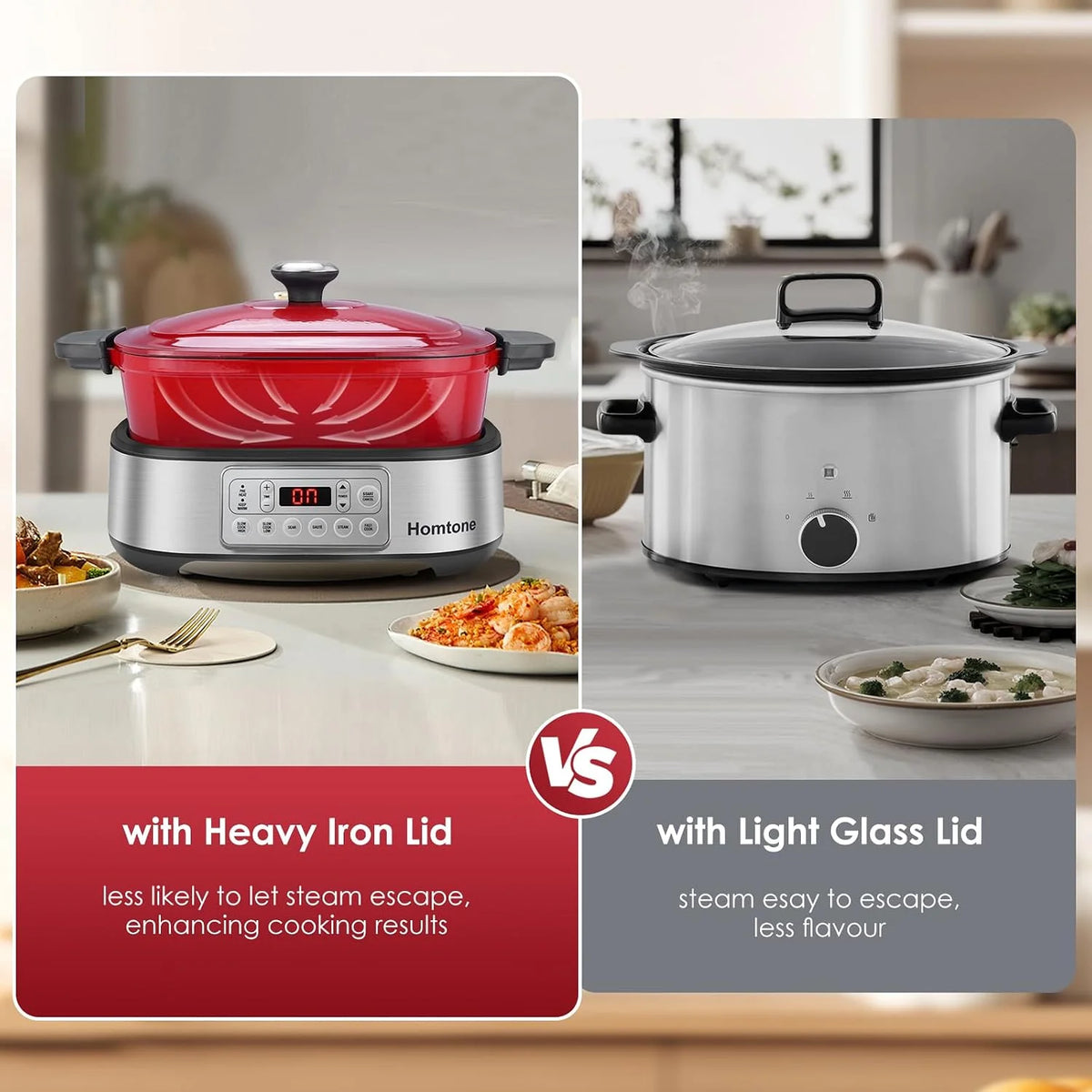 Homtone Cacerola 6 en 1 Slow Cooker, 5,5 l, programable, esmaltada extraíble, revestimiento de cerámica, cocción lenta, dora, cocción al vapor con rejilla de vapor, color rojo