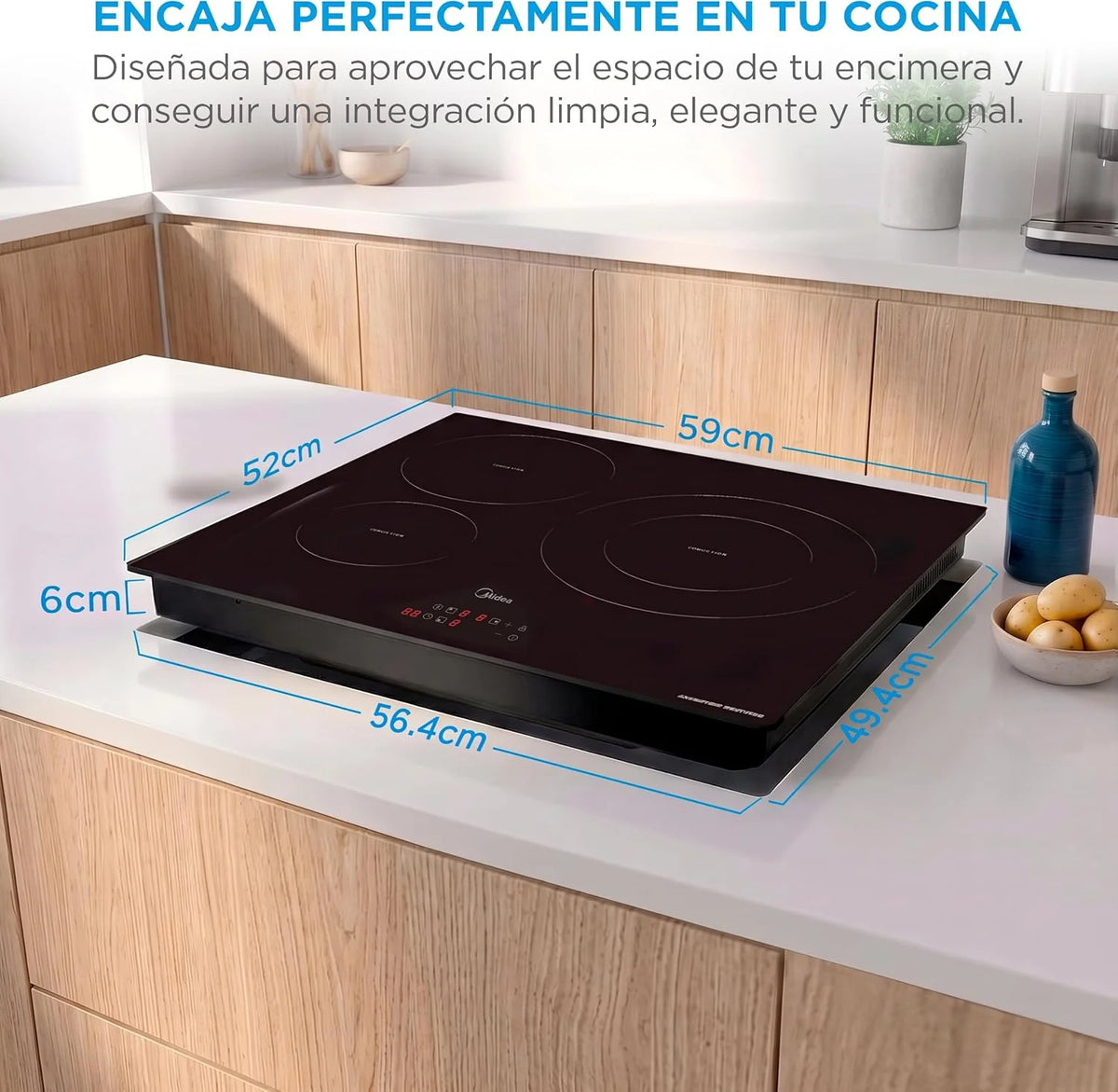 MIDEA Placa Inducción 3 fuegos 60 cm 7200 W - Vitroceramica Induccion Integrada con Panel de control tactil, Inverter quattro, 9 Niveles de Potencia, Booster, Indicador de Luz, y Temporizador.