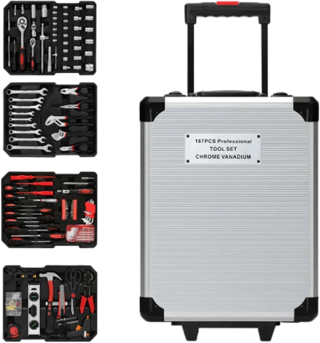 𝗠𝗮𝗹𝗲𝘁𝗶́𝗻 𝗱𝗲 𝗛𝗲𝗿𝗿𝗮𝗺𝗶𝗲𝗻𝘁𝗮𝘀 𝟭𝟴𝟳 𝗣𝗖𝘀 𝗖𝗿𝗼𝗺𝗼 𝗩𝗮𝗻𝗮𝗱𝗶𝗼. Maleta de Herramientas Completa con Ruedas, Juego de Piezas de Reparación Manual. Carro de Aluminio Impermeable.