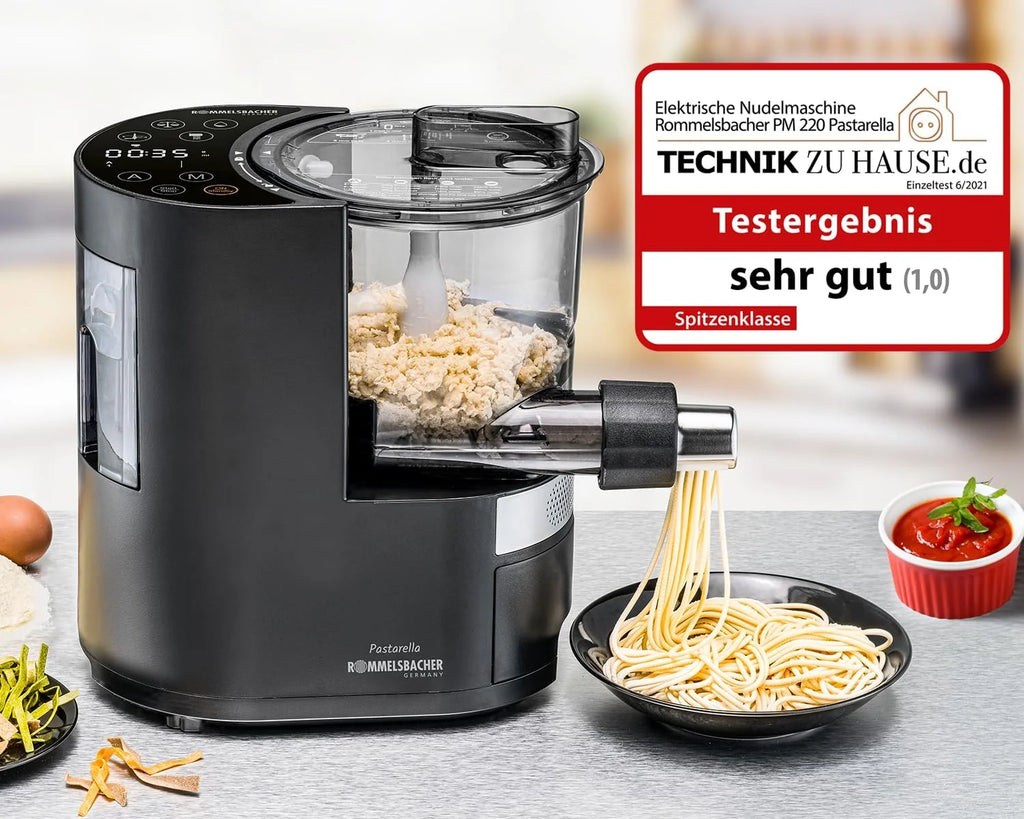 ROMMELSBACHER Máquina de pasta eléctrica PM 220 – hasta 800 g, báscula integrada, suministro de agua controlado, 6 programas totalmente automáticos, tornillo prensado de acero inoxidable, 7 moldes