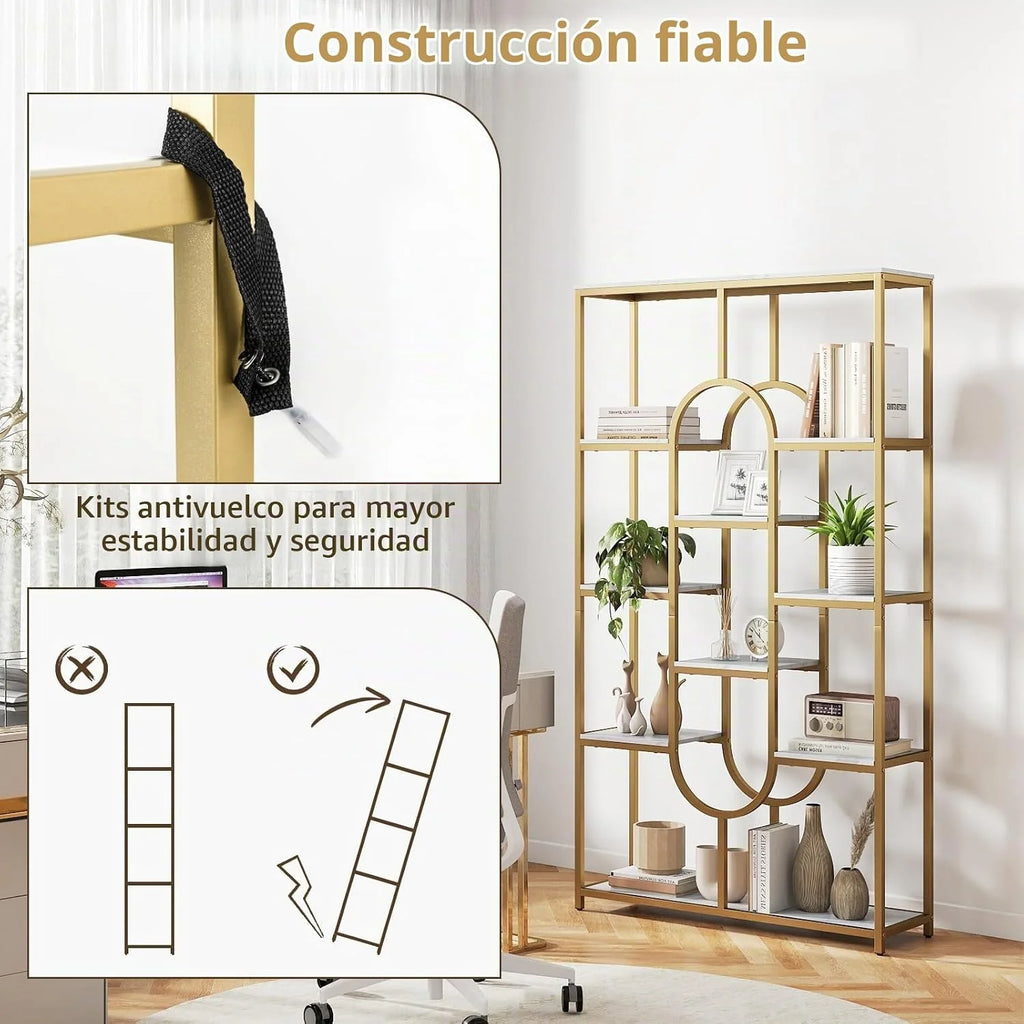 HOMASIS Librería 5 Niveles de Madera, Marco Metálico, Estante de Pared con Estanterías Abiertas, Mueble de Almacenamiento para Sala de Estar, Oficina, 86 x 30 x 175 cm (Dorado)