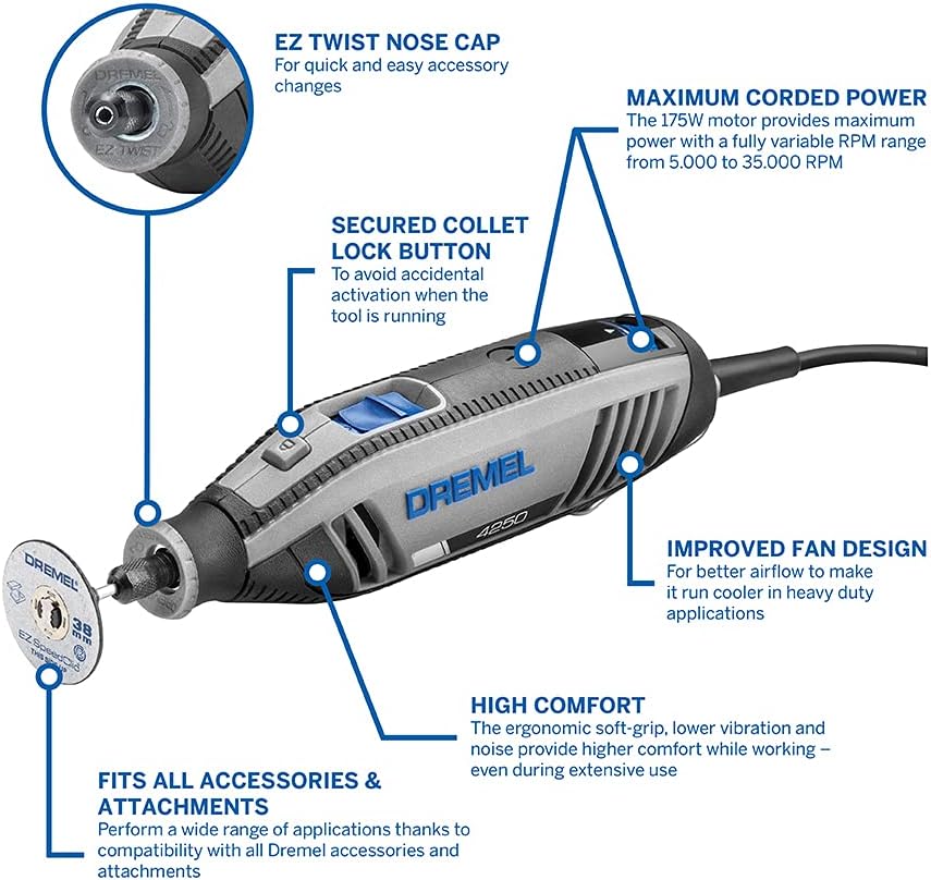 Dremel 4250 Herramienta Rotativa 175 W, Kit Multiherramienta con 3 Accesorios 45 Accesorios, Motor de 175 W con Retroalimentación Electrónica, Velocidad Variable 5.000-35.000 RPM