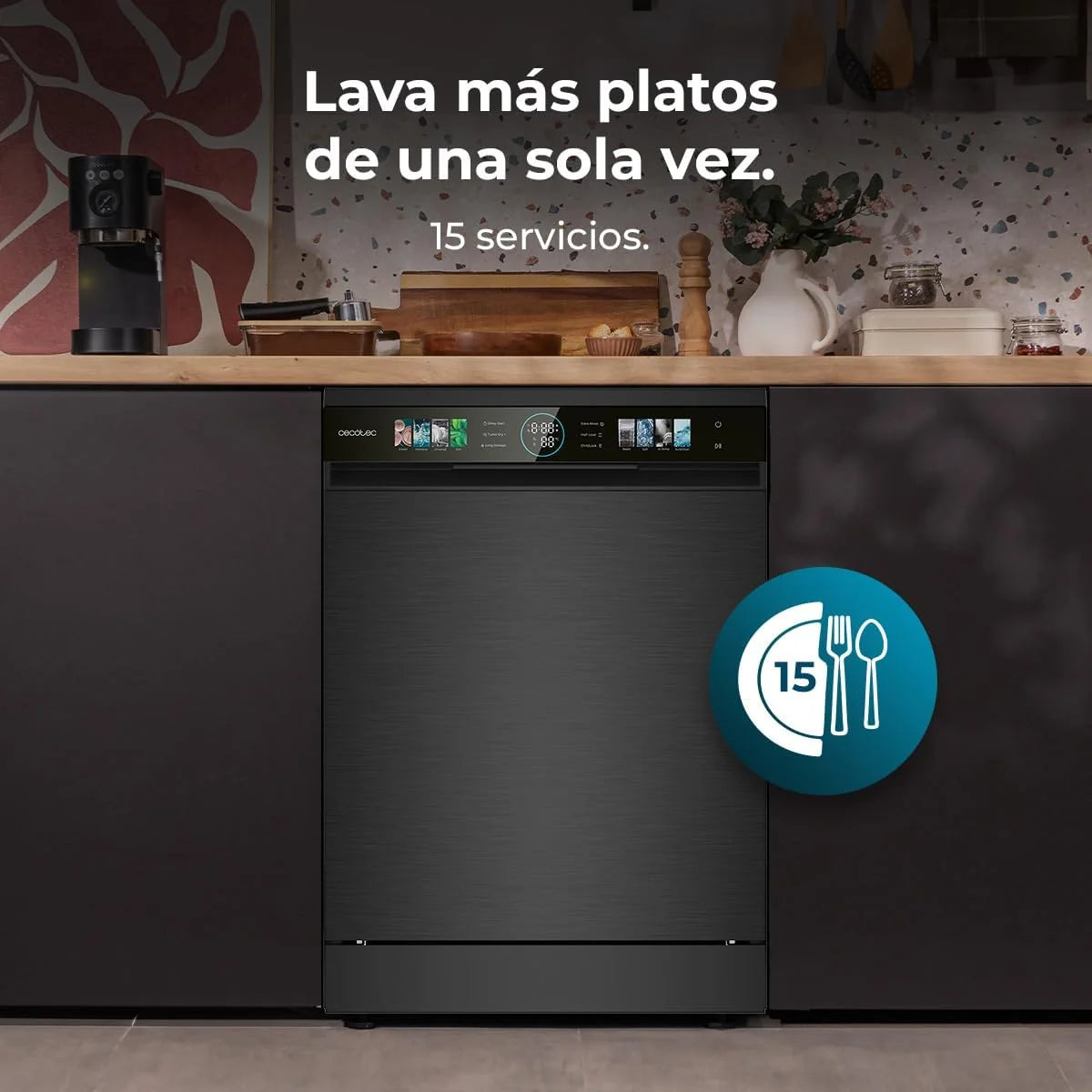 Cecotec Lavavajillas Compacto de 60 cm Bolero Aguazero 6320 Dark D, 1900W, 15 Cubiertos, 8 Programas, Pantalla FullColor XXL, Smart Wash, Turbo Dry+, AutoClean, Media Carga, Delay Start, ChildLock