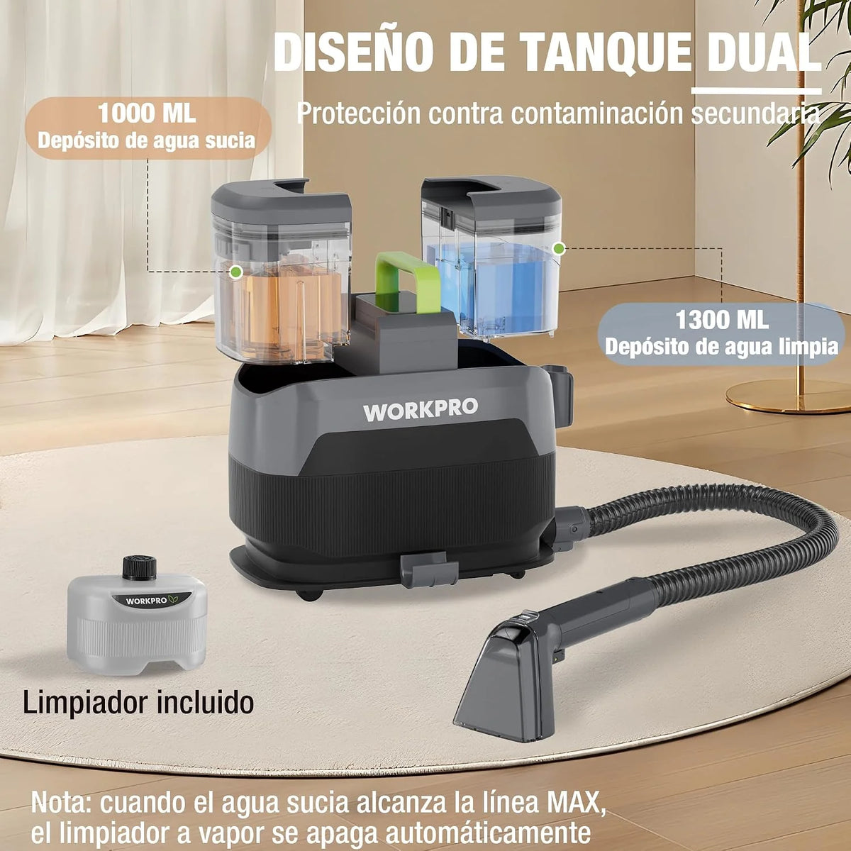 WORKPRO Limpiador de Tapicerías y Alfombras a Vapor con Aspirador 4 en 1, Potente Succión 16 kPa, Accesorios para Suciedad de Mascotas, Sofás, Colchones, Cortinas, Asientos de Coche