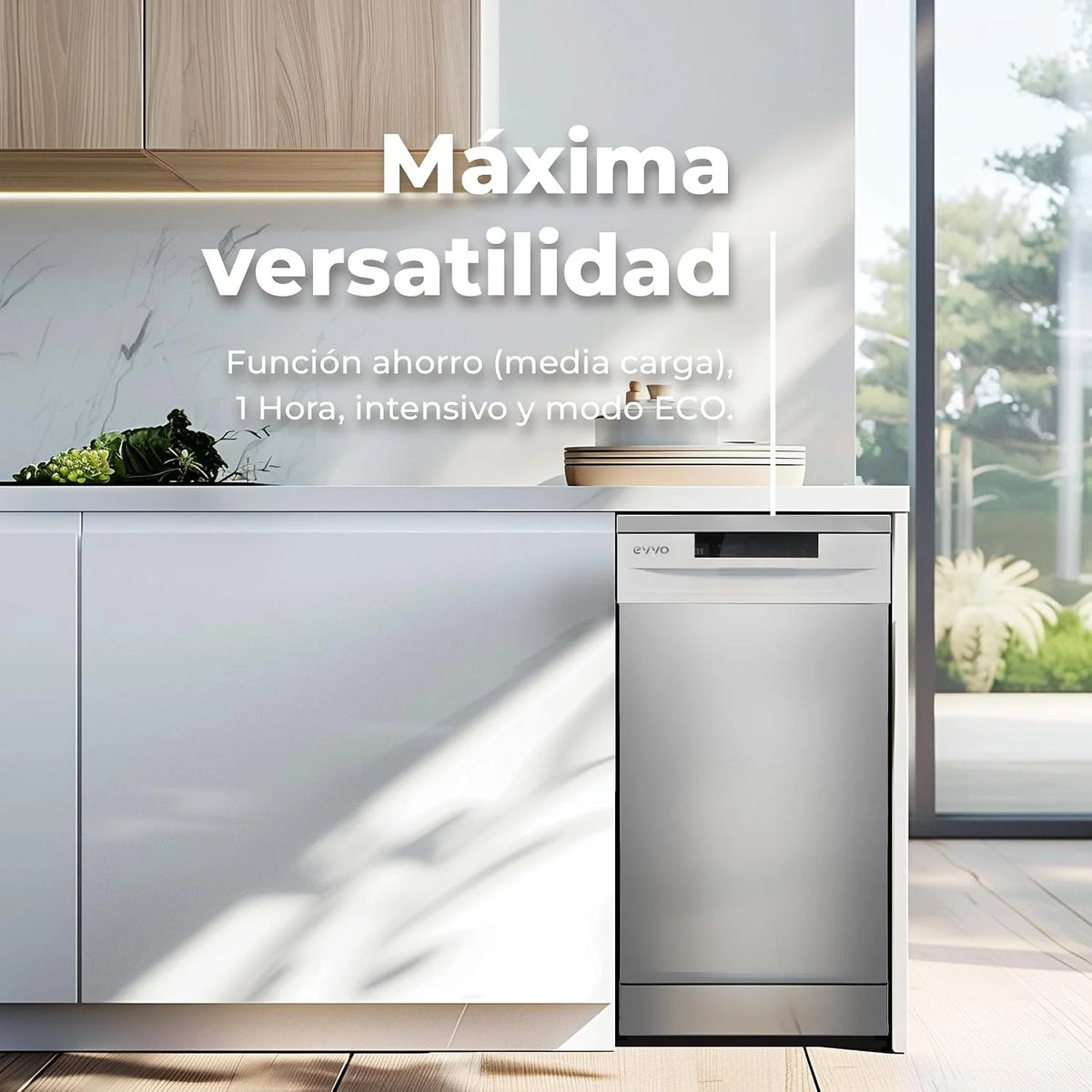 EVVO Lavavajillas estrecho, Ancho 45 cm, Capacidad para 9 Cubiertos, Programa Rápido 30 minutos, Programa Media Carga, Bandeja Superior Ajustable, 5 Programas, Modelo D1 Slim, Acabado Blanco