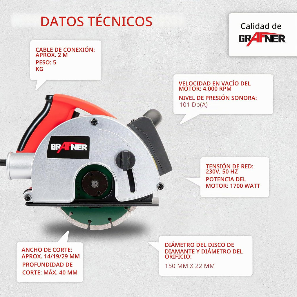 Grafner Fresadora de pared con láser, potente 1700 W con 4000 rpm, incluye 2 discos de corte de diamante de 150 mm de diámetro, extracción de polvo, ancho de ranura 14-29 mm, profundidad de ranura 10