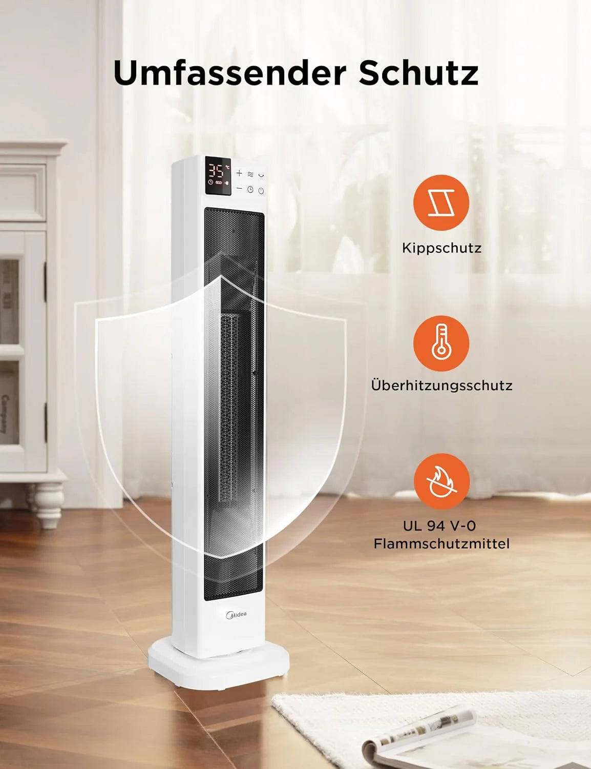 Midea NTH20-22GR(WH) Low Energy Quiet Heater Fan with Remote Control, PTC 2000W Ceramic Heater Fan with Thermostat, 2 Heat Settings, 24H Timer, Eco Mode
