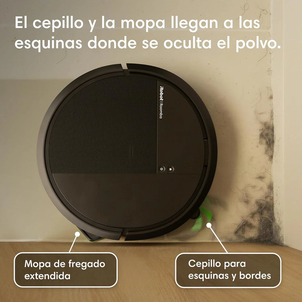 iRobot Roomba 115 Combo, Robot Aspirador y friegasuelos 2en1, Potencia de succión de 15.000 Pascales, Cepillo Lateral Flexible, Mopa de fregado extendida, Navegación Clearview LiDAR, App, Negro