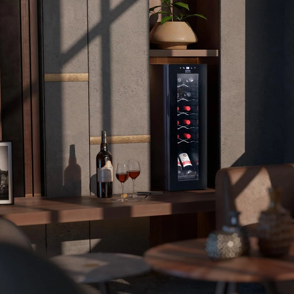 Cecotec Vinoteca Nevera para Vinos 12 Botellas Bolero GrandSommelier 1250 CoolCrystal Compressor. Libre Instalación, Temperatura Ajustable de 8-18ºC, Panel Táctil, LED
