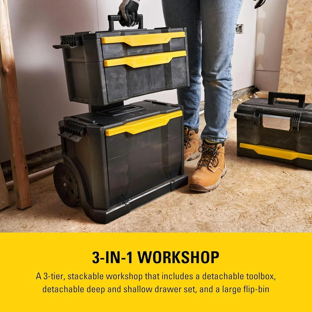 STANLEY Taller rodante Modular 3 en 1 apilable con Ruedas Resistentes, asa telescópica, organizadores Integrados y Capacidad de 35 kg, Ideal para Herramientas eléctricas y manuales, 1-79-206