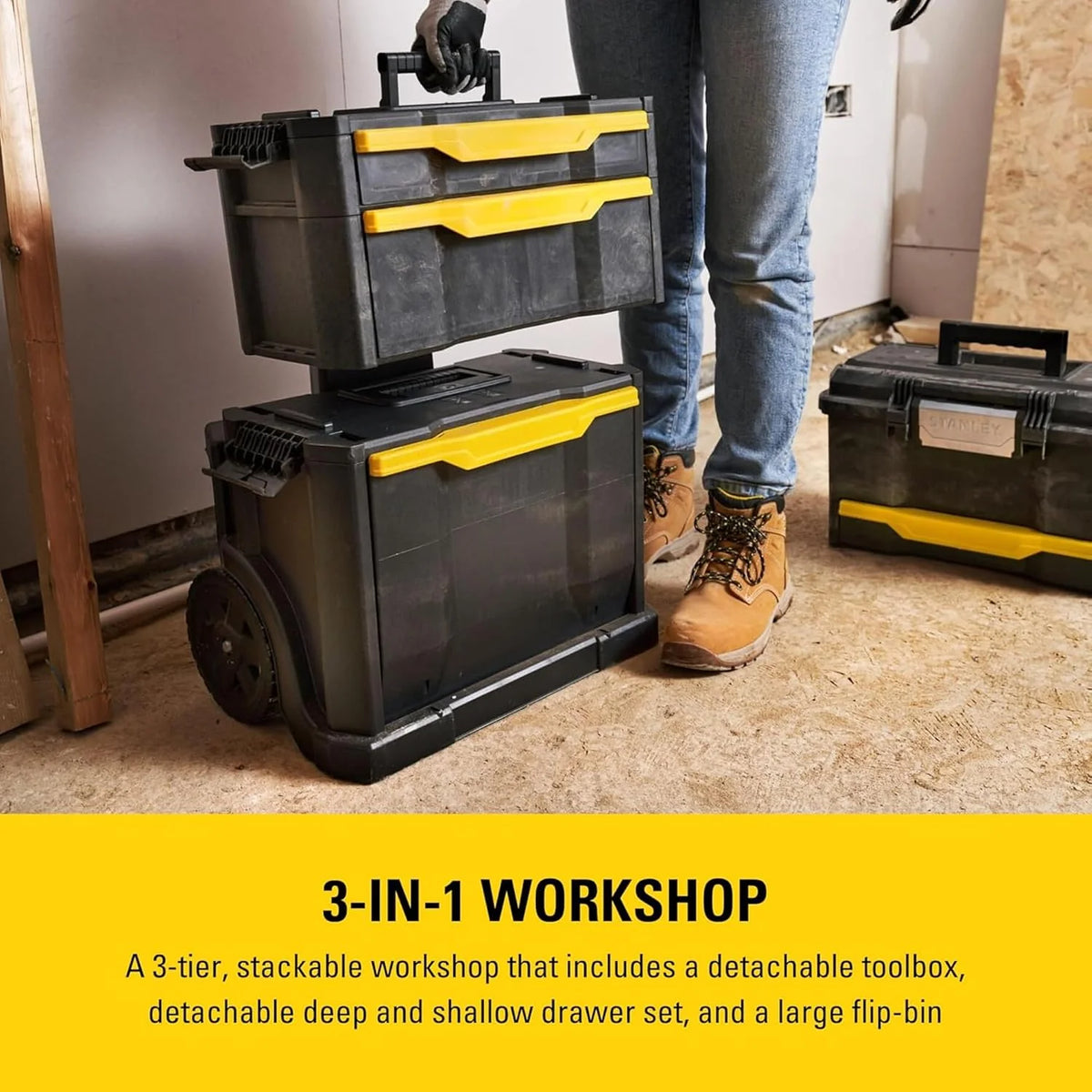 STANLEY Taller rodante Modular 3 en 1 apilable con Ruedas Resistentes, asa telescópica, organizadores Integrados y Capacidad de 35 kg, Ideal para Herramientas eléctricas y manuales, 1-79-206