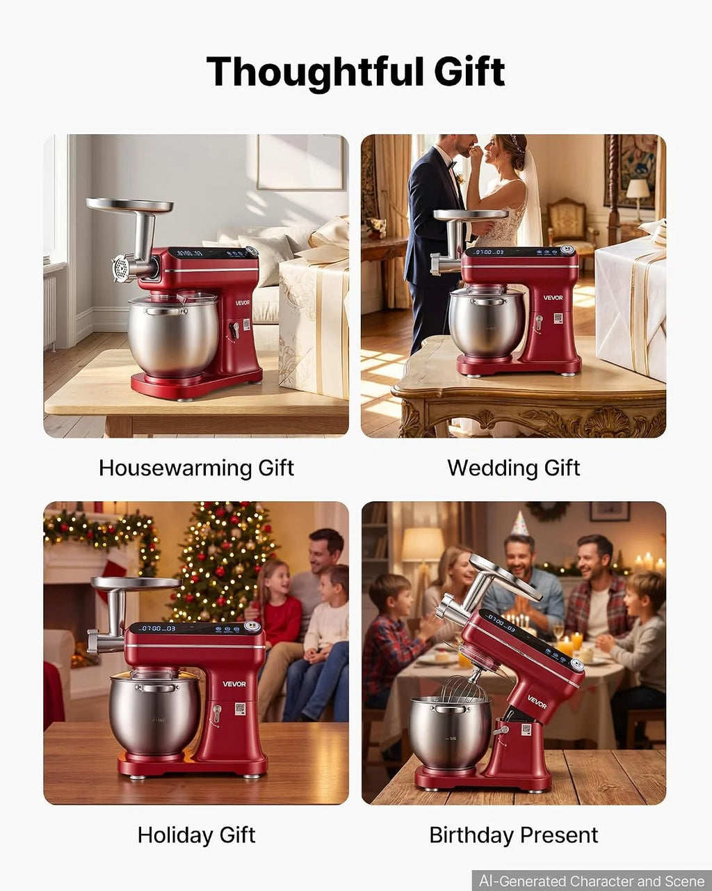VEVOR Batidora Amasadora 1000 W, Bol de 7 L, con Picadora de Carne, Rojo