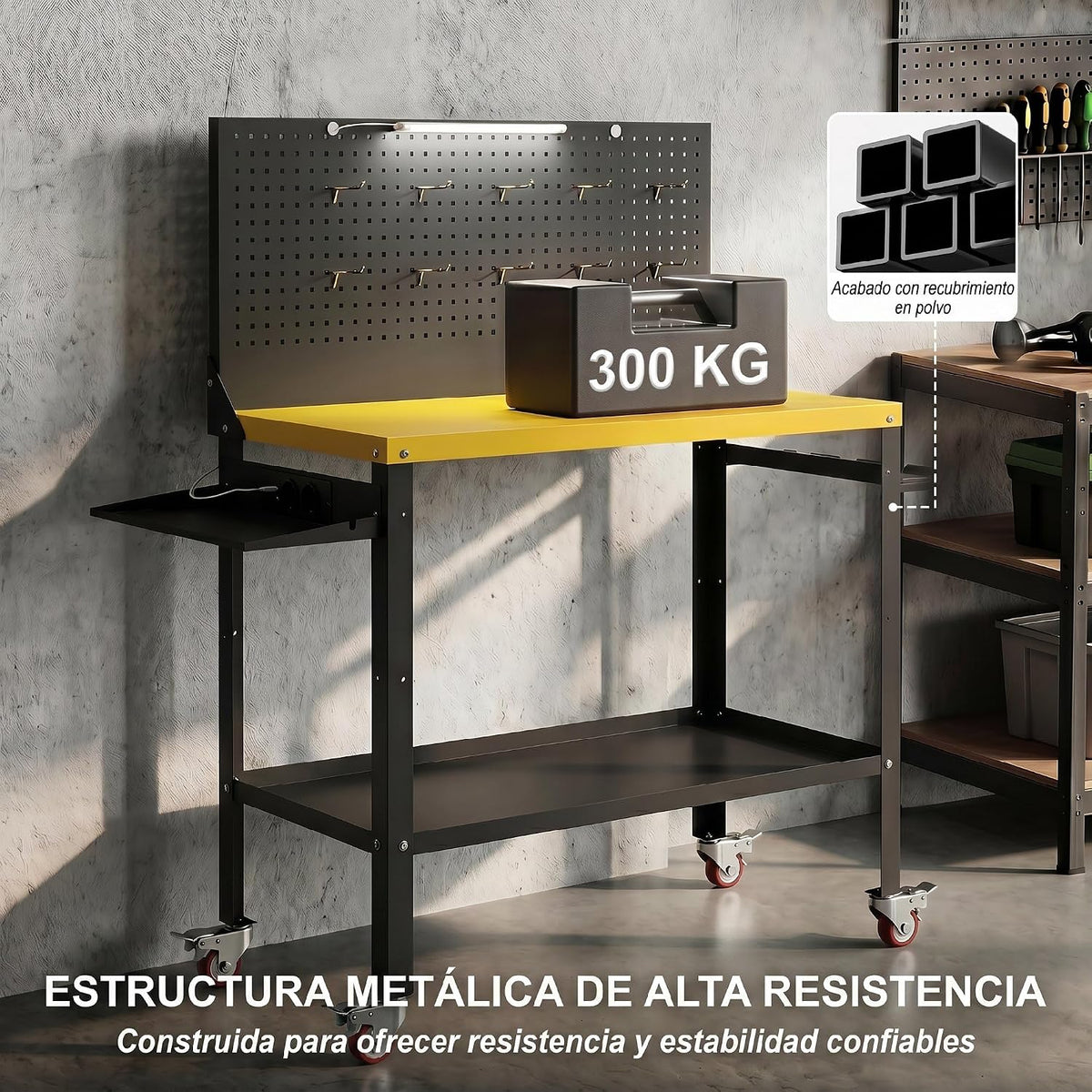 HOMCOM Banco de Trabajo con Ruedas 128x49,5x127,5 cm Negro y Amarillo