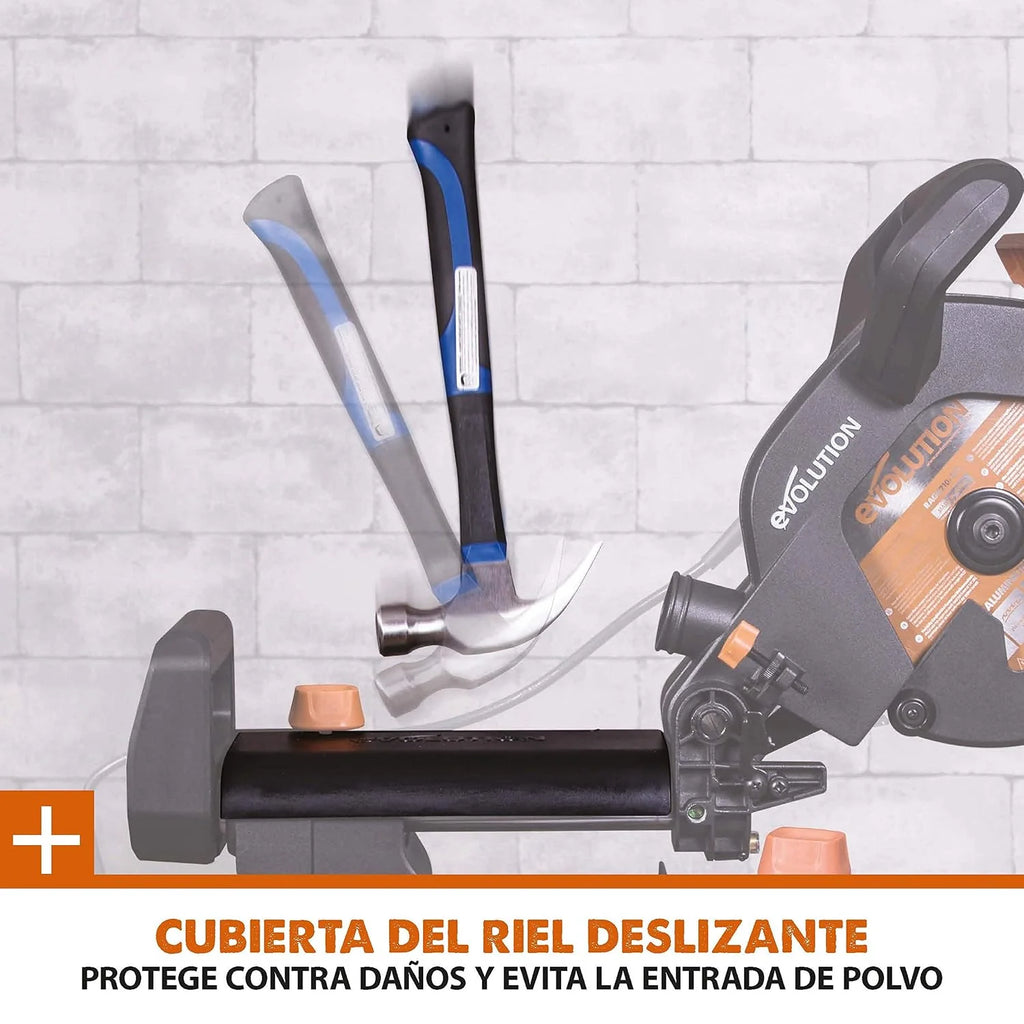 Evolution Power Tools R210SMS+ Ingletadora deslizante multimaterial de 210 mm, con paquete Plus, Corta acero dulce, aluminio, plástico, madera con clavos incrustados, 230 V