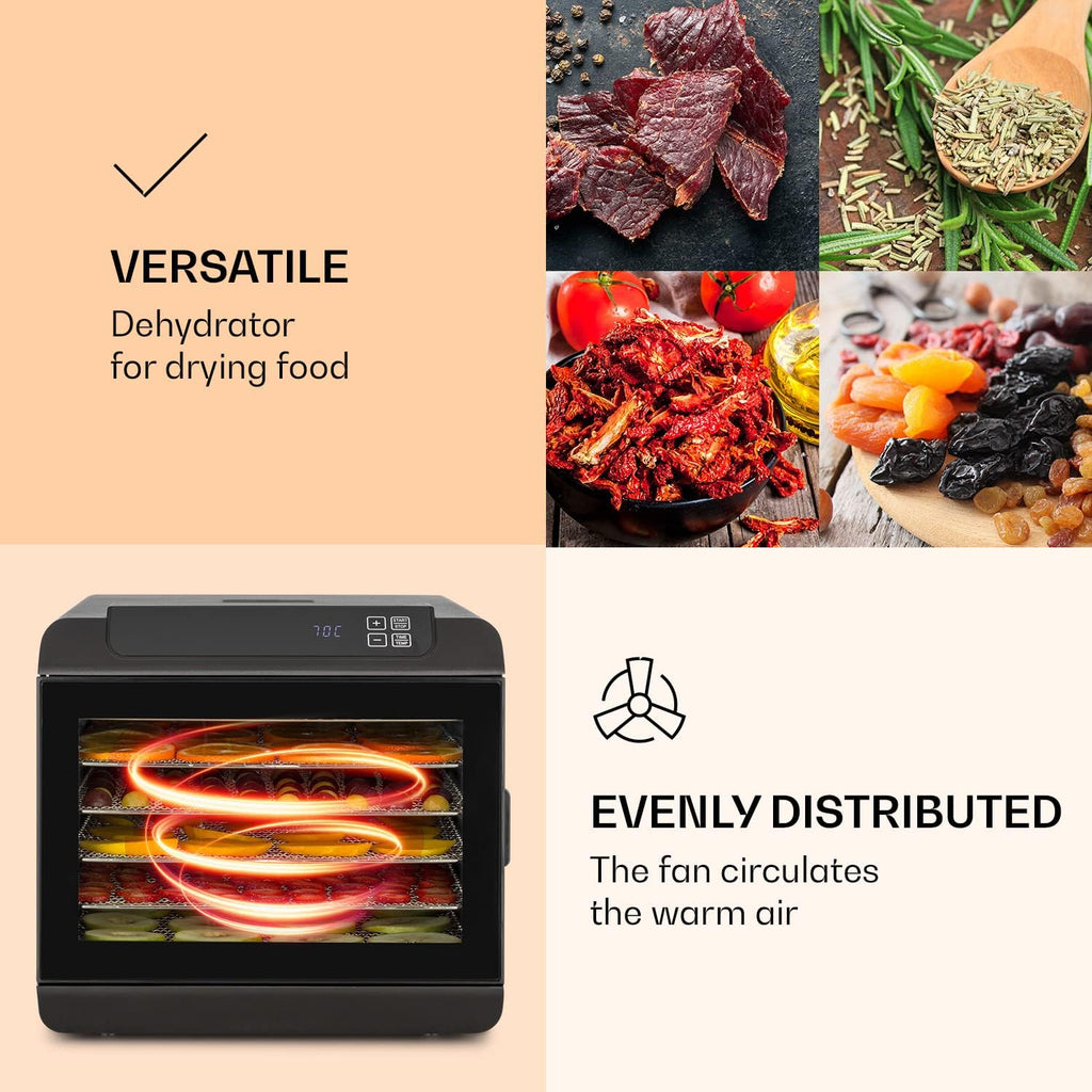 Klarstein Arizona Jerky Deshidratador de alimentos, seca fruta, carne y frutas, 500 vatios, 35-70°C, 6 bandejas aptas para lavavajillas, tiempo de secado corto, pantalla táctil, negro