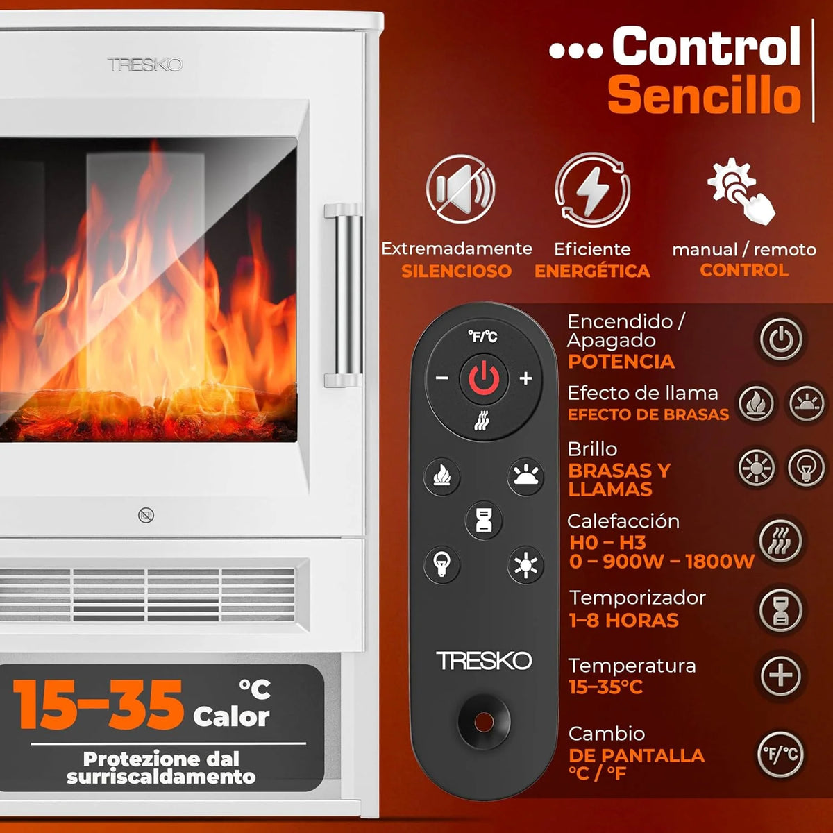 TRESKO Electric Fireplace Heating 1800W, Smart Home WiFi App & Remote | Electric Stove with LED Flame Effect and LCD Display | Electric Fireplace with Thermostat | Ventilated Heating (White)