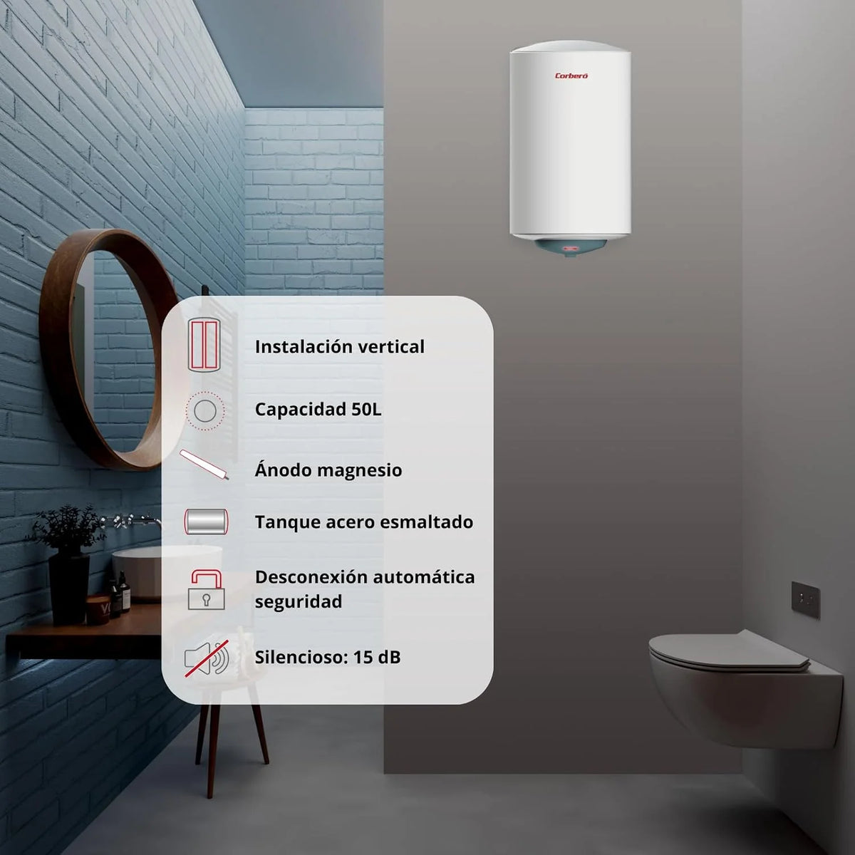 Corberó CTMBA50 Electric Thermo | 50L | Vertical Installation | Shielded Resistance | Adjustable Thermostat | Anti-Corrosion Protection