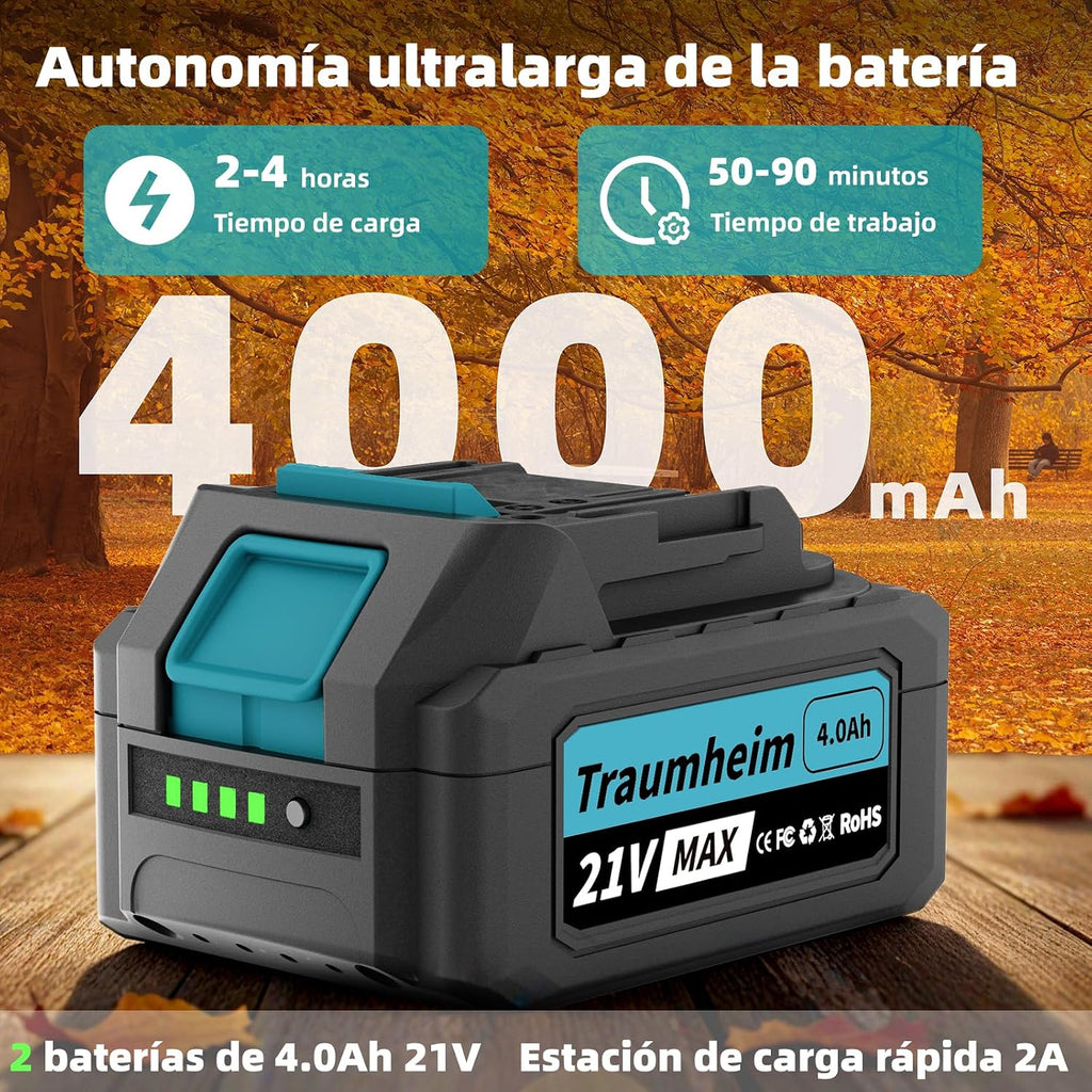 Soplador de Hojas a Batería, Inalámbrico, 3 Velocidades, 1200 m³/h, con 2 Baterías de 4,0Ah/21V, para Jardín, Hojas, Polvo y Nieve