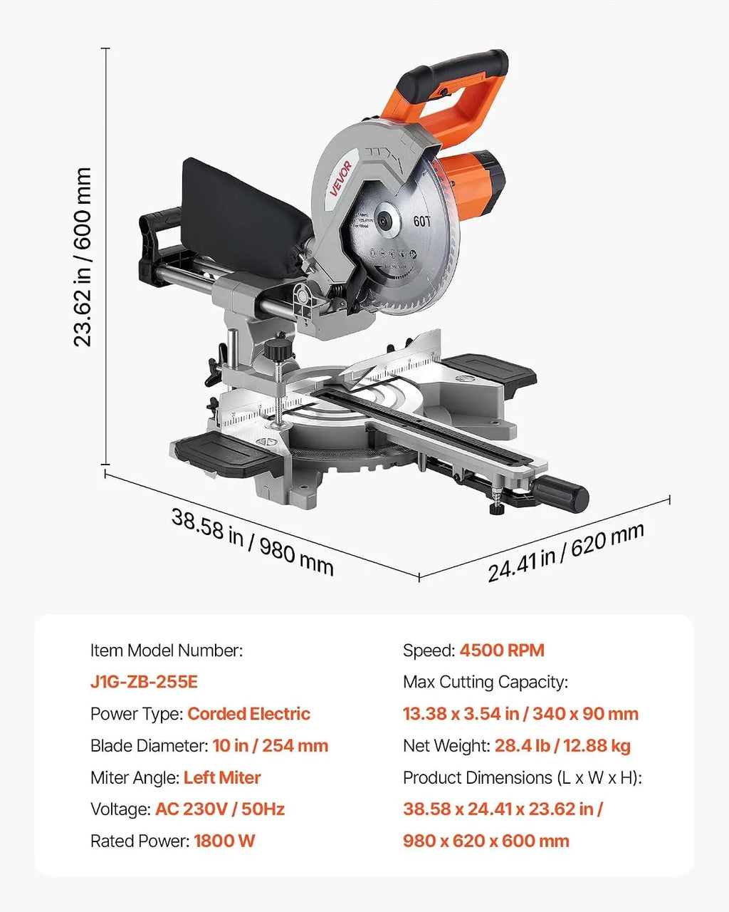 VEVOR Sierra Ingletadora Deslizante Compuesta 1800 W, Hoja de 254 mm, Ángulo y Profundidad de Corte Ajustables, Aluminio Fundido, Compacta y Pórtatil, Corte Multimaterial para Madera Metales Laminados