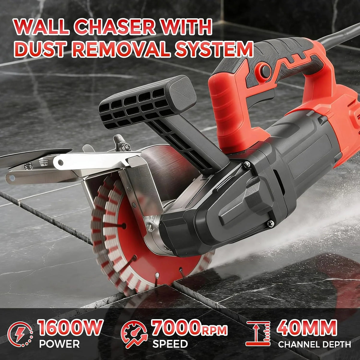 Rozadora de pared con sistema de eliminación de polvo, 1600 W, 7000 RPM