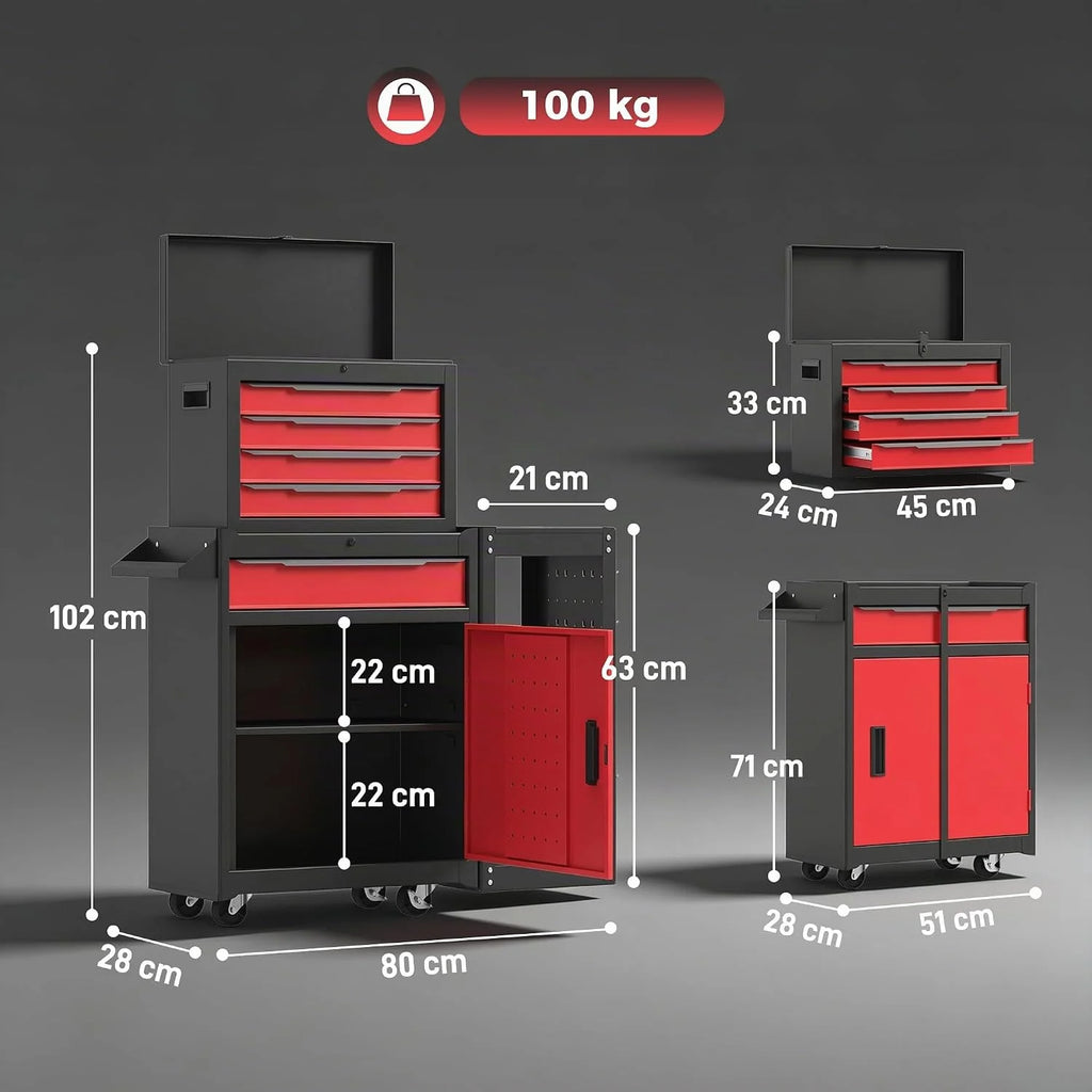 HOMCOM Carro de Herramientas con 5 Cajones 3 en 1 Cerradura Negro y Rojo