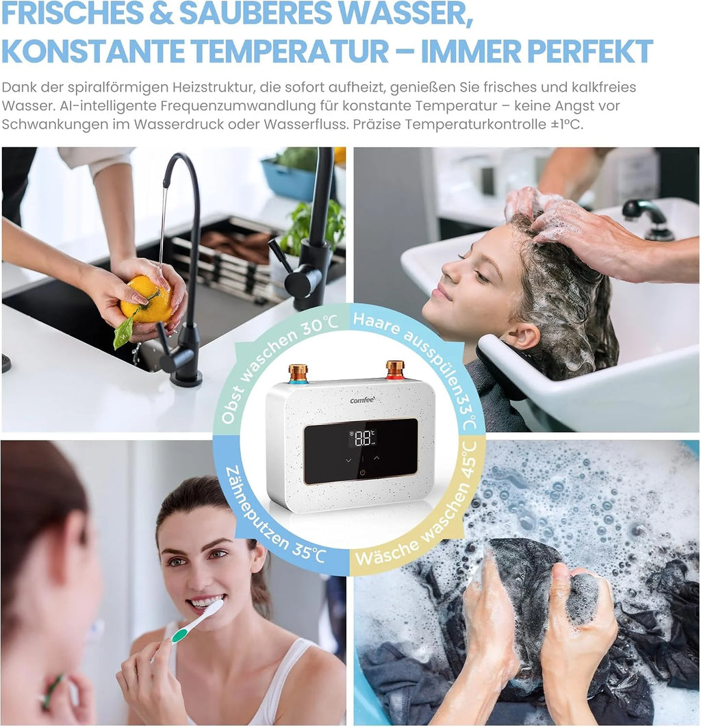 COMFEE 'CWH3.5EA1W Mini Water Heater 3.6 kW for Hand Basin, Small Electric Water Heater 230 V, Under Table, Electronic Control, Pressure Resistant, Heating