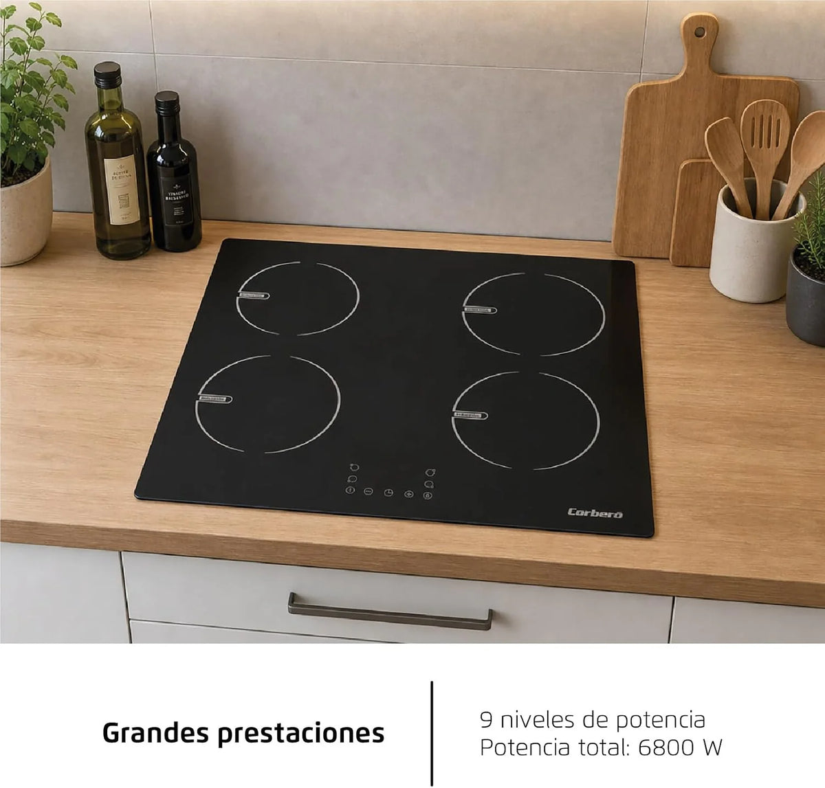 Corberó - Placa de Inducción 60cm | CCIG48BF | 6800 W | 4 Zonas | Control Táctil | Temporizador 99 Min | 9 Niveles Potencia | Booster | Bloqueo Infantil | Negro