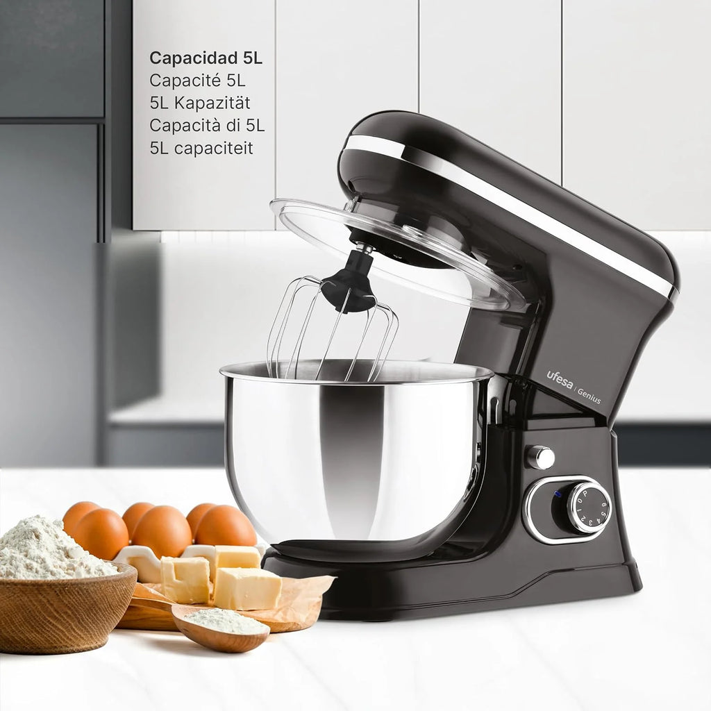 Ufesa Genius Batidora Amasadora 5 en 1 para Repostería Profesional, 1200W, 5L, Robot Cocina Multifunción, Bol en Acero Inoxidable, 6 Velocidades + Turbo, 3 accesorios incluidos, Sin BPA