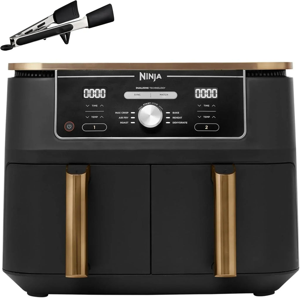 Ninja Foodi MAX Dual Compartment Air Fryer, 9.6L, 6-in-1, No Oil, Max Crisp, Roast, Bake and More, Tongs, 8 Servings, Non-Stick Baskets, Copper & Black, AF400EUCP