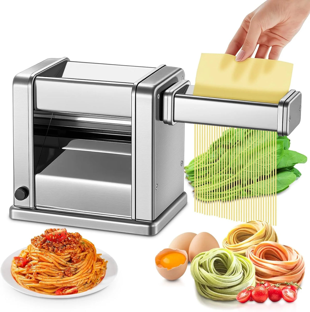 FOHERE Máquina de Pasta Fresca Eléctrica con 2 Cuchillas (1.5 mm/6.6 mm) y 7 Grosores Ajustables de 0.5-3 mm, Acero Inoxidable para Hacer Fideos Espaguetis Raviolis, Plata