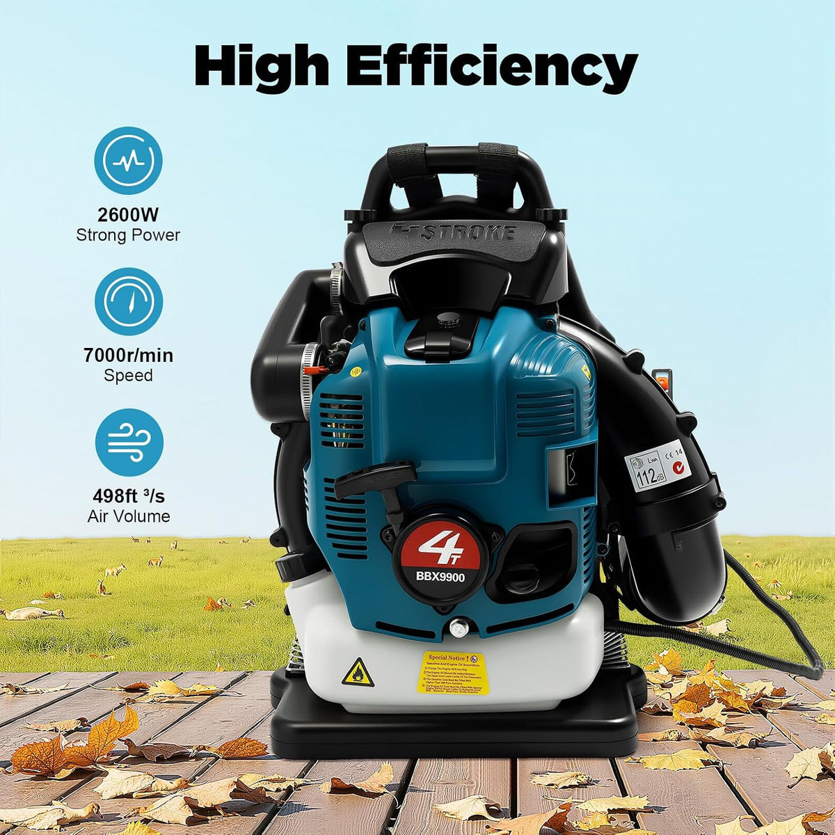 Soplador de hojas de gasolina, aspirador de jardín de 4 tiempos, soplador de 75,6 cc con potencia de motor de 2600 W y depósito de 1,9 L, velocidad variable, amortiguador de hojas refrigerado por aire