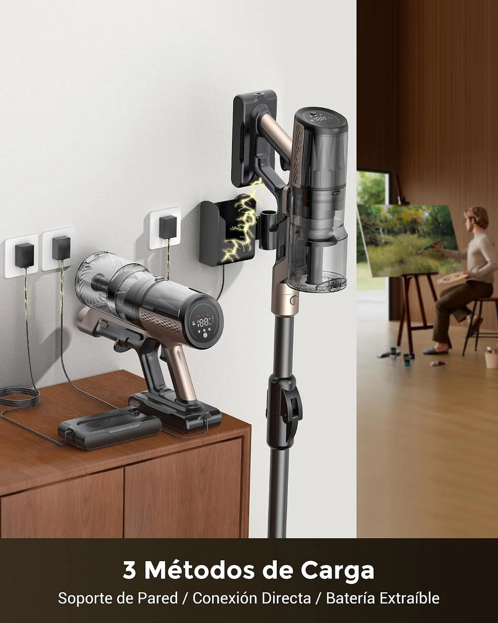 Proscenic P20 Aspiradora sin Cable 70kPa/680W/70Mins, Autoportante con Barra Plegable, Aspiradora con Cepillo Anti-Enredo para Pelo de Mascotas/Suelos/Alfombras, Marrón Y Negro