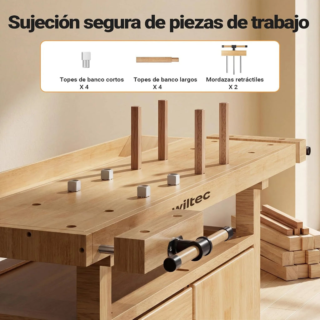Wiltec Banco de Trabajo de Madera 126x50x84 cm para carpintería con Pinzas de sujeción y cajones