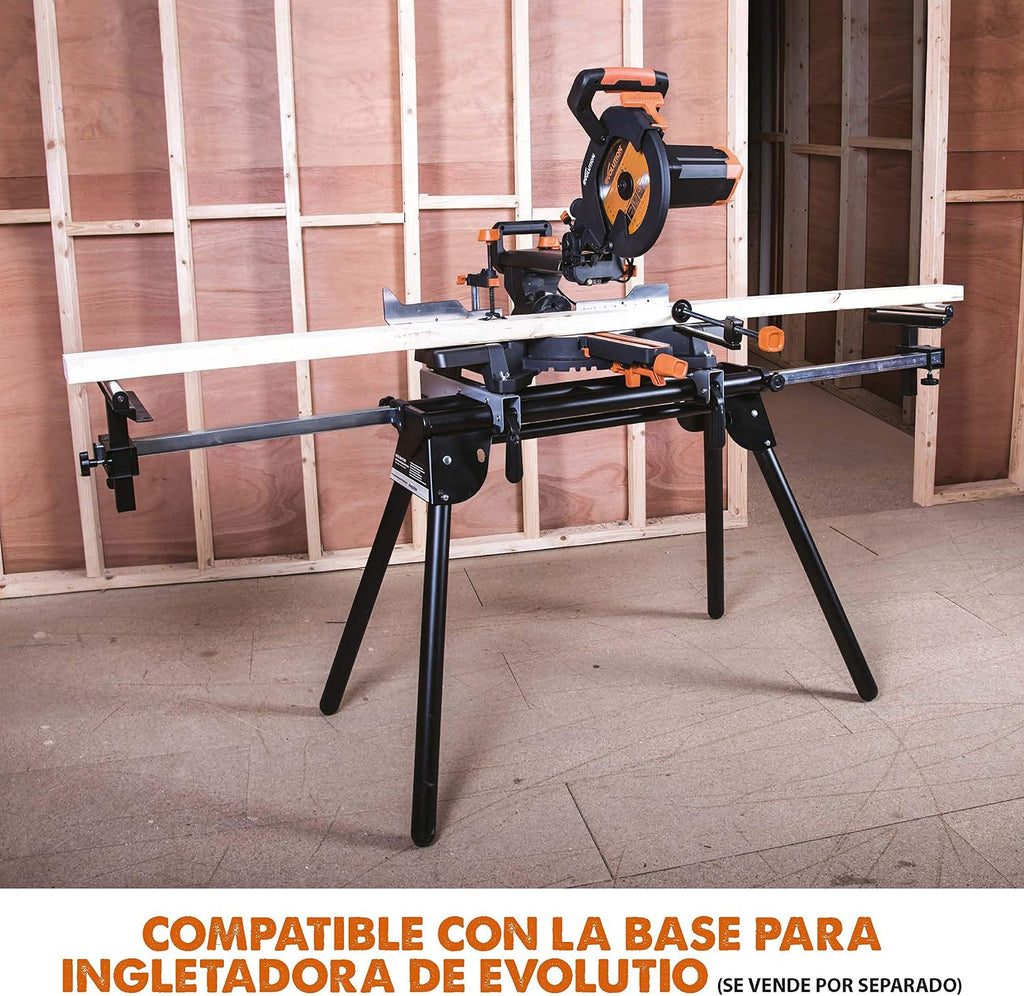 Evolution Power Tools R255SMS Sierra ingletadora Deslizante multimaterial, con Paquete Plus, Corta acero dulce, aluminio, plástico, madera con clavos incrustados 230 V, 255 mm