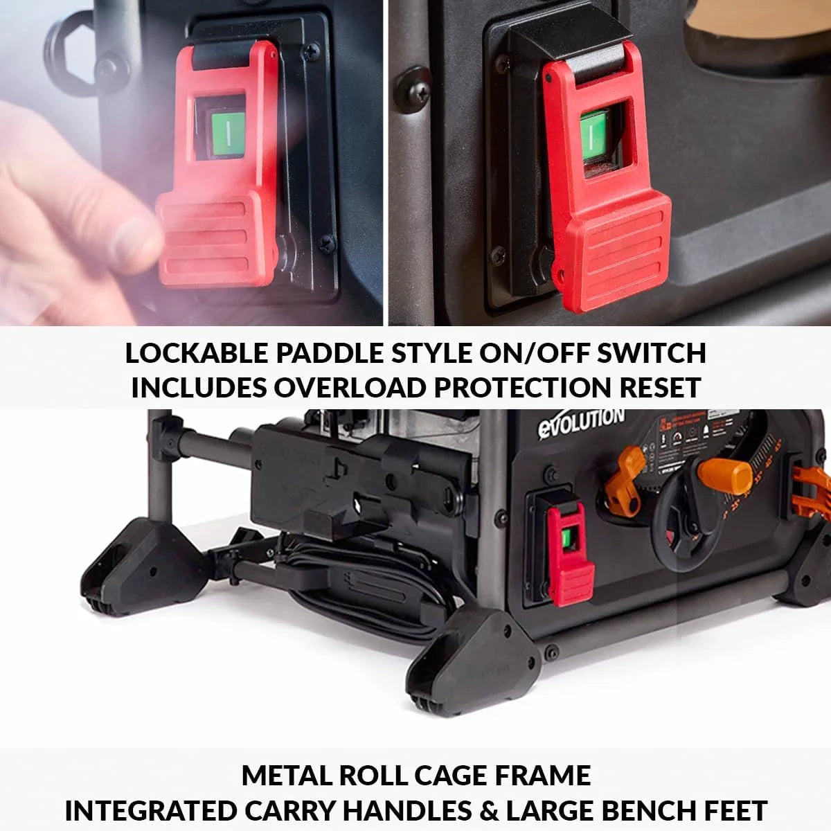 Evolution Power Tools R255TBL Sierra de mesa (Nueva generación Rage 5-S) Multi-Material Hoja de corte incluida Corta Madera Metal Plástico, Bisel 45˚, Ángulo de inglete +/- 60˚, 1650w