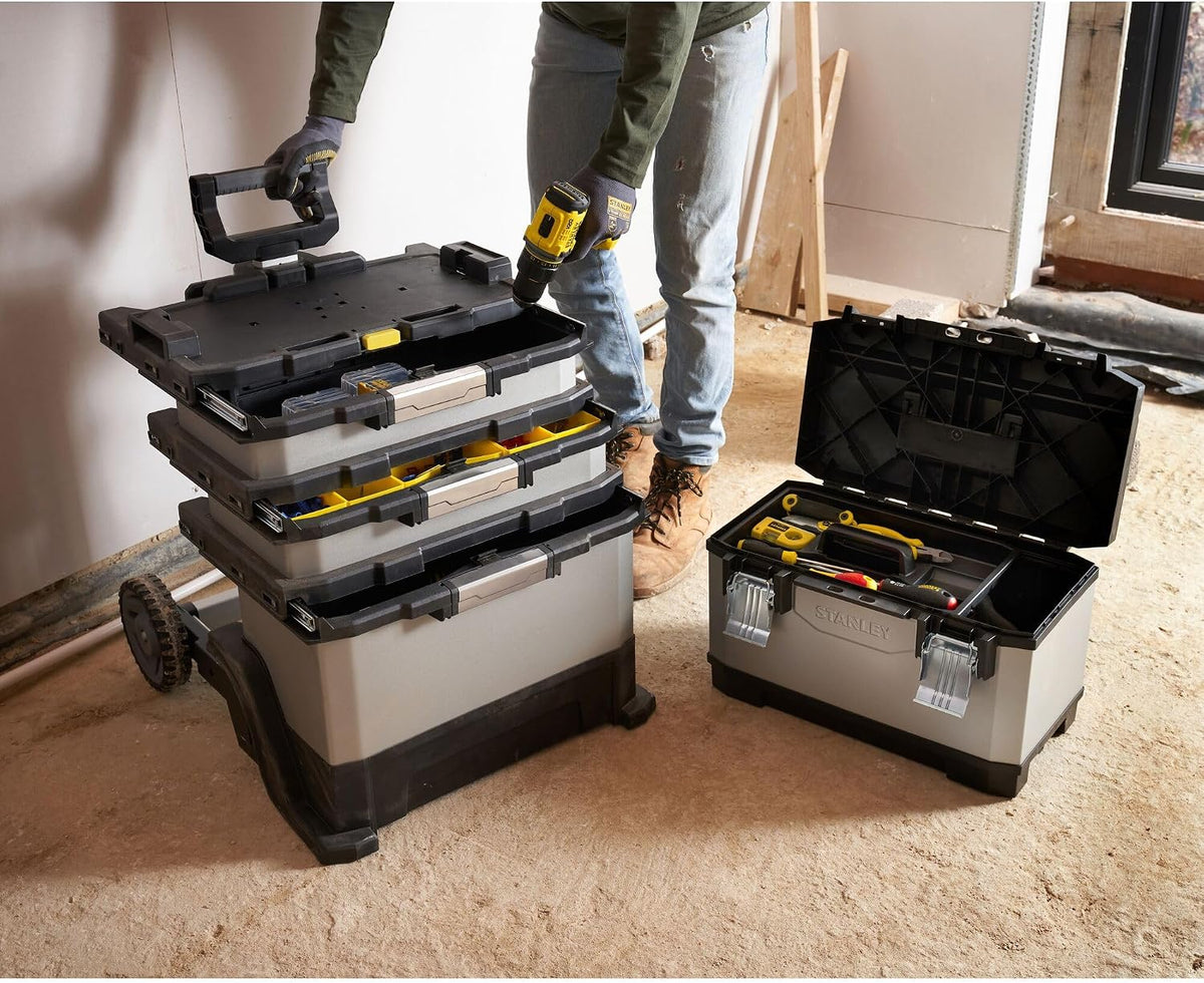 STANLEY FATMAX Taller Móvil Metálico, Carro de Herramientas, Caja Versátil para Piezas Pequeñas y Grandes, Ruedas 17cm, Cierres Metálicos Antioxidantes, 1-95-622