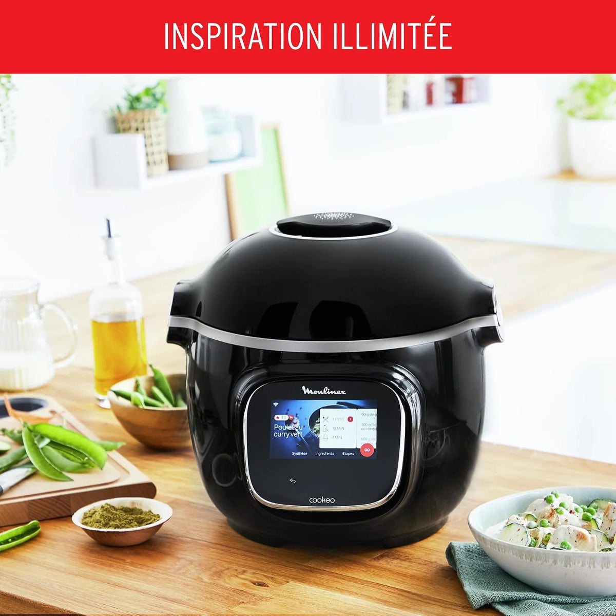 Moulinex Cookeo Touch Wifi - Multicooker inteligente de alta presión + molde para tartas 18 cm, 6 L, pantalla táctil, 250 recetas integradas, aplicación Moulinex YY5297FB, negro