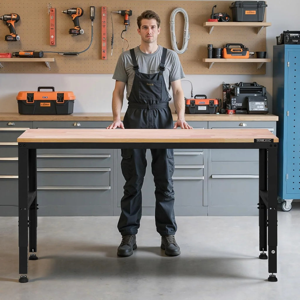 VEVOR Banco de Trabajo Ajustable Mesa de Trabajo de Garaje 1550x510 mm Alturas 688-910 mm Carga de 900 kg con Tomas de Corriente Estructura de Metal y Almohadillas para los Pies, para Taller